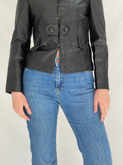 Vintage BOSS Black Genuine Leather Jacket Minimalist Tailored Y2K Fitted Leather Jacket - S