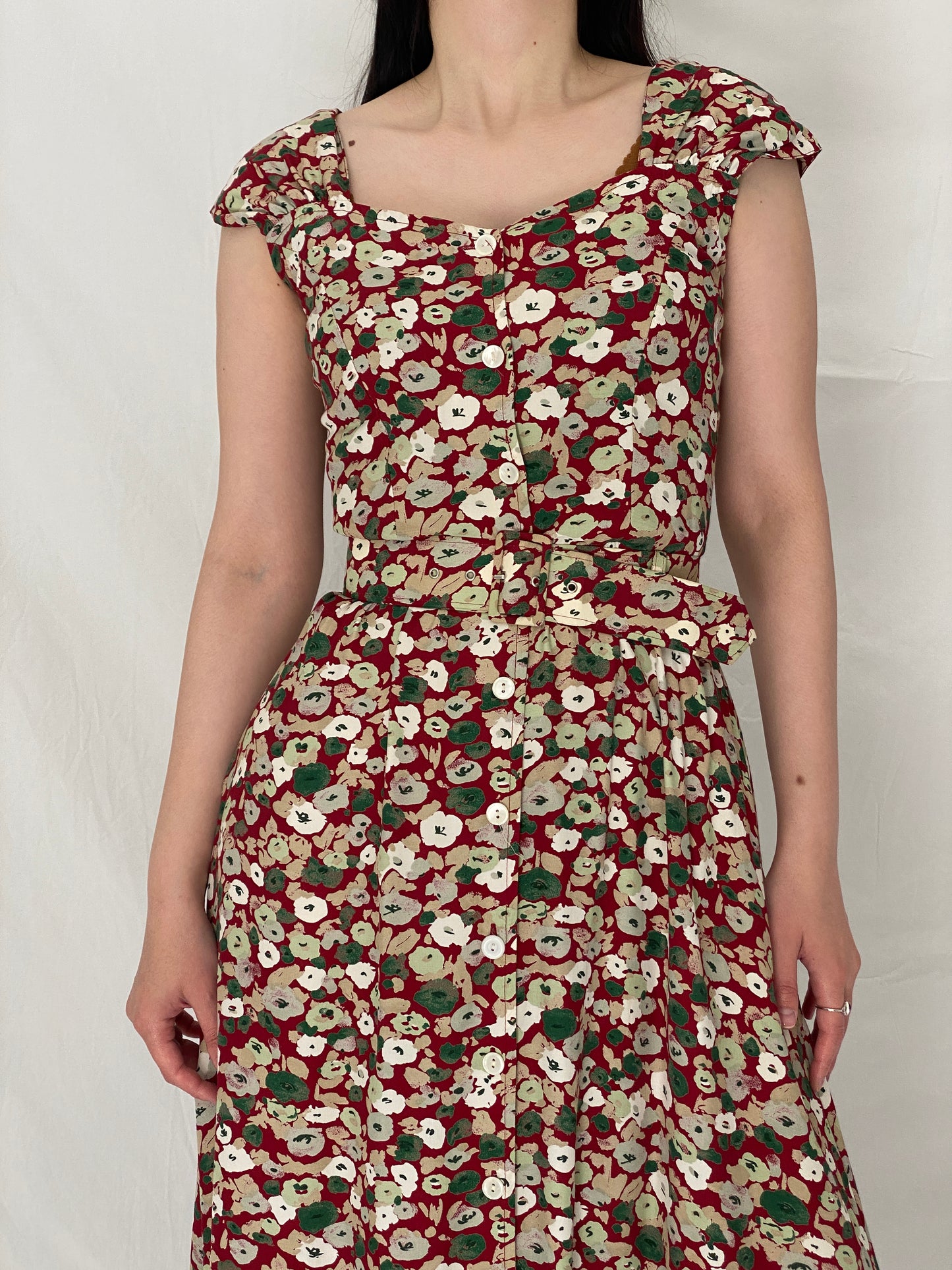 Romantic Vintage Magnolia Red Floral Button-Front Belted Midi Dress – S
