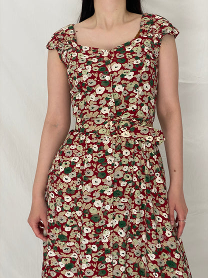Romantic Vintage Magnolia Red Floral Button-Front Belted Midi Dress – S