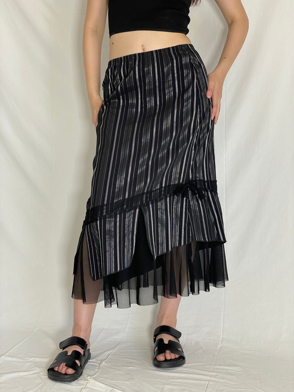 Vintage Wearhouse Black Silver Midi Striped Sheer Mesh Hem Whimsygoth Skirt - M