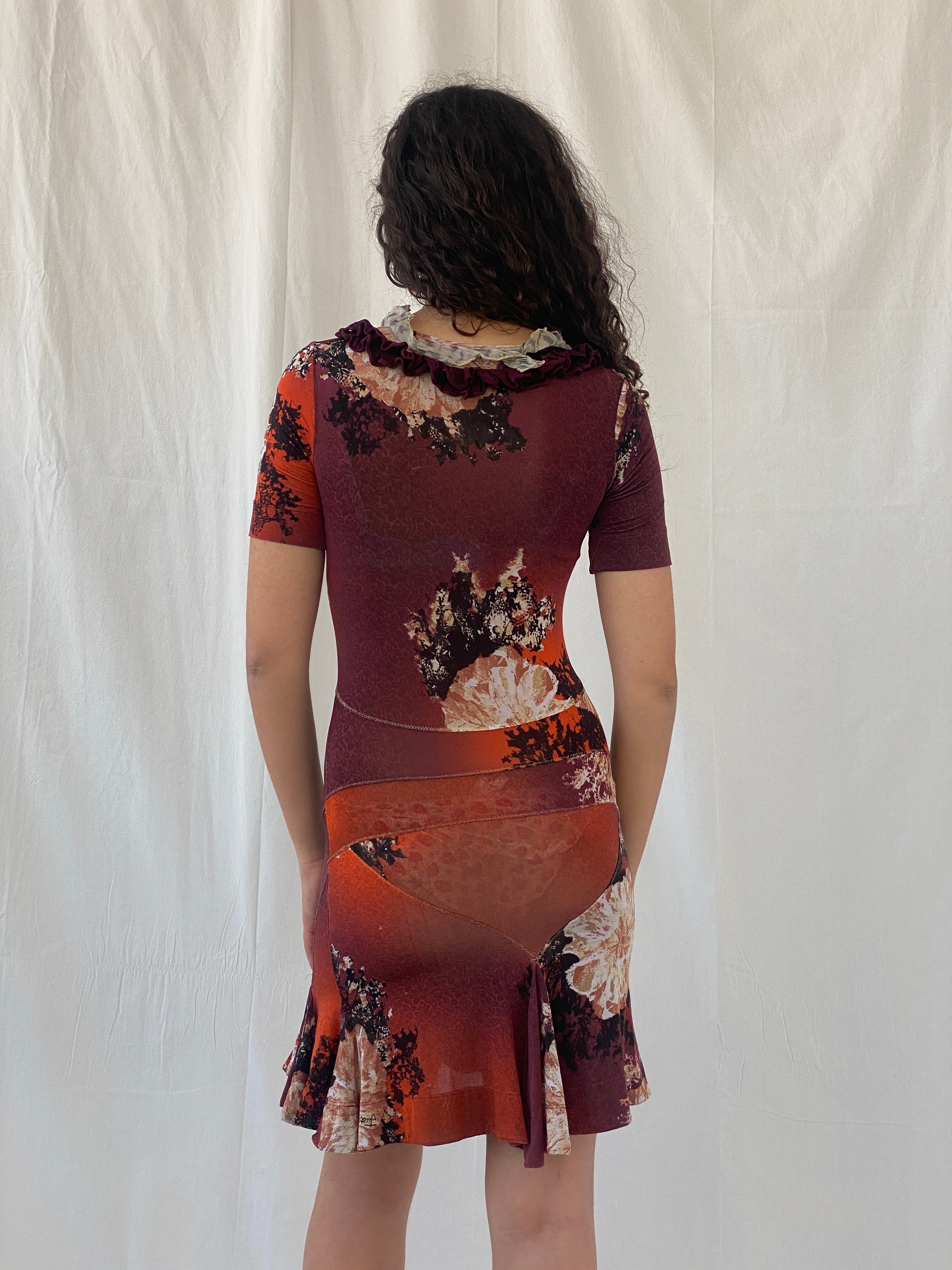 2000s Y2K Just Cavalli by Roberto Cavalli Orange Purple Floral Ruffled Neckline Short Dress - S