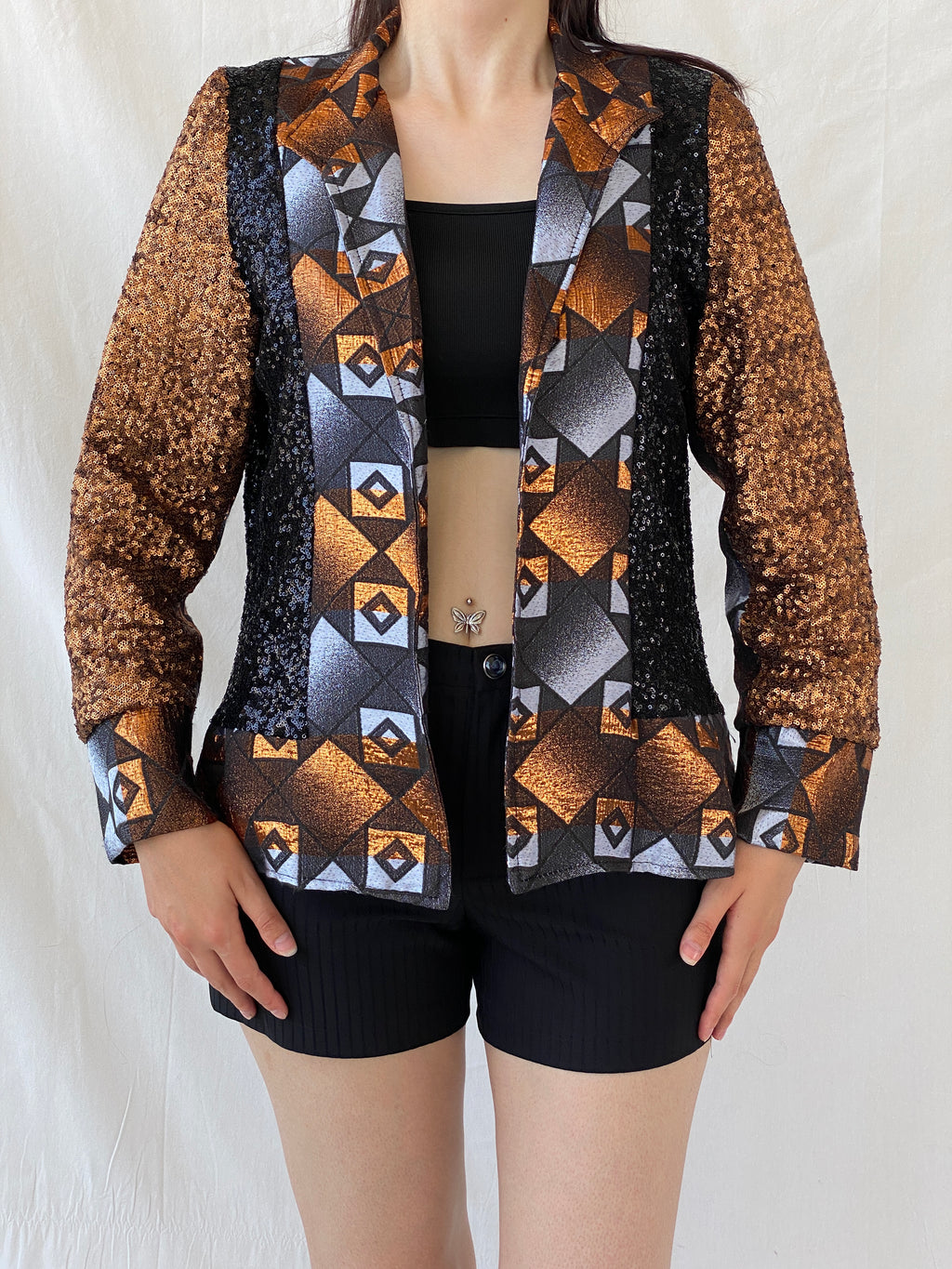 Vintage Geometric Sequin Blazer – Bronze, Black & Silver Statement Jacket - M