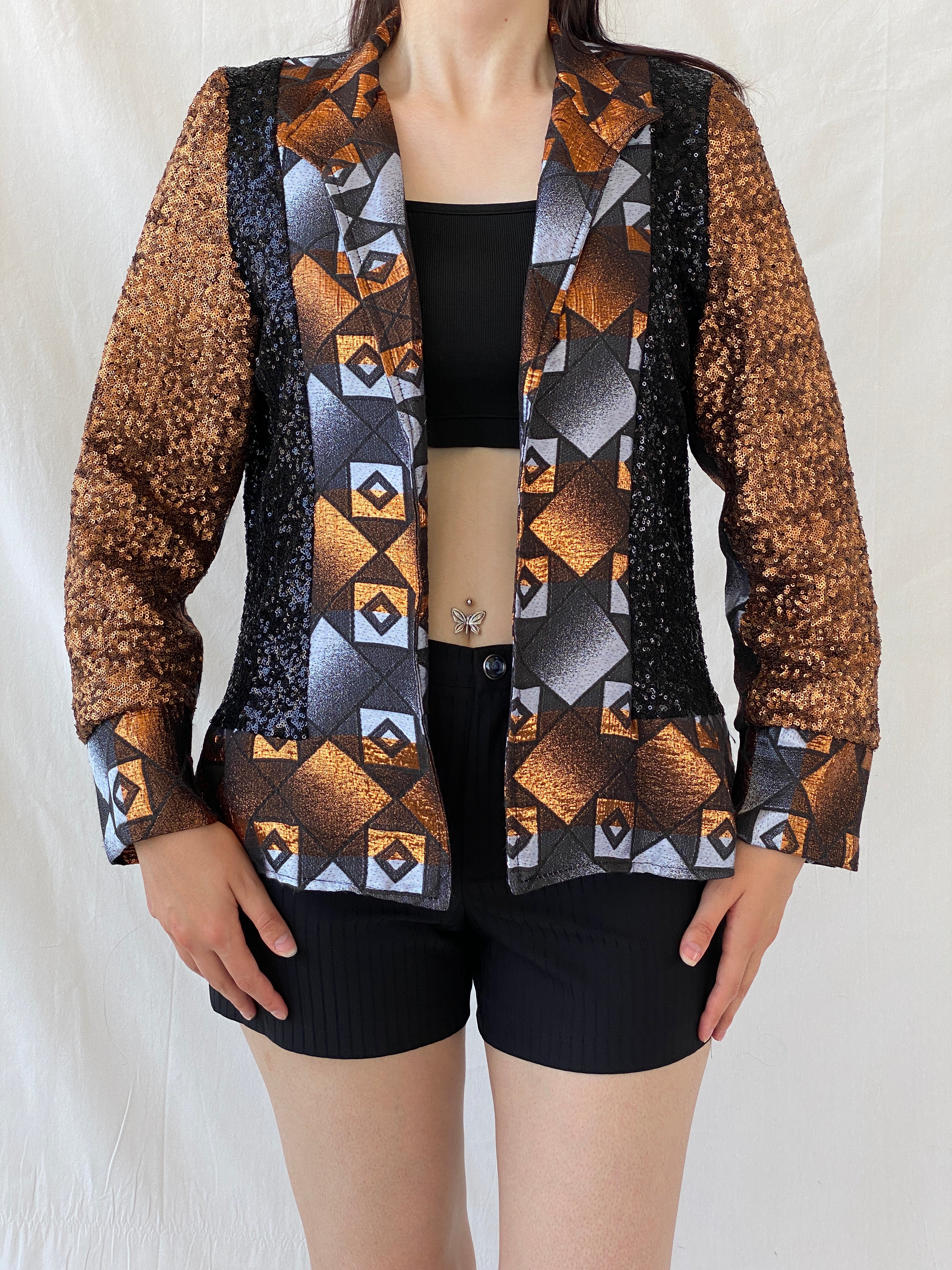 Vintage Geometric Sequin Blazer – Bronze, Black & Silver Statement Jacket - M