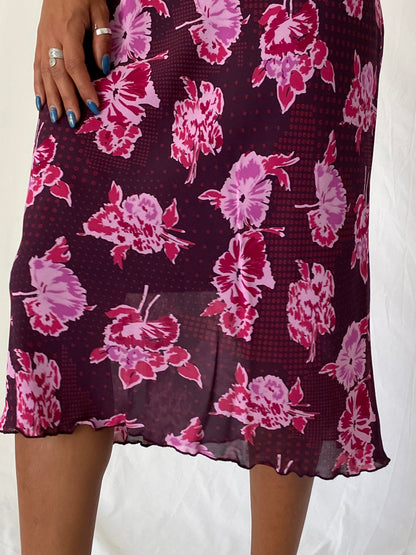 Vintage Y2K Caroll Paris Burgundy Pink Viscose Floral Midi Skirt – M