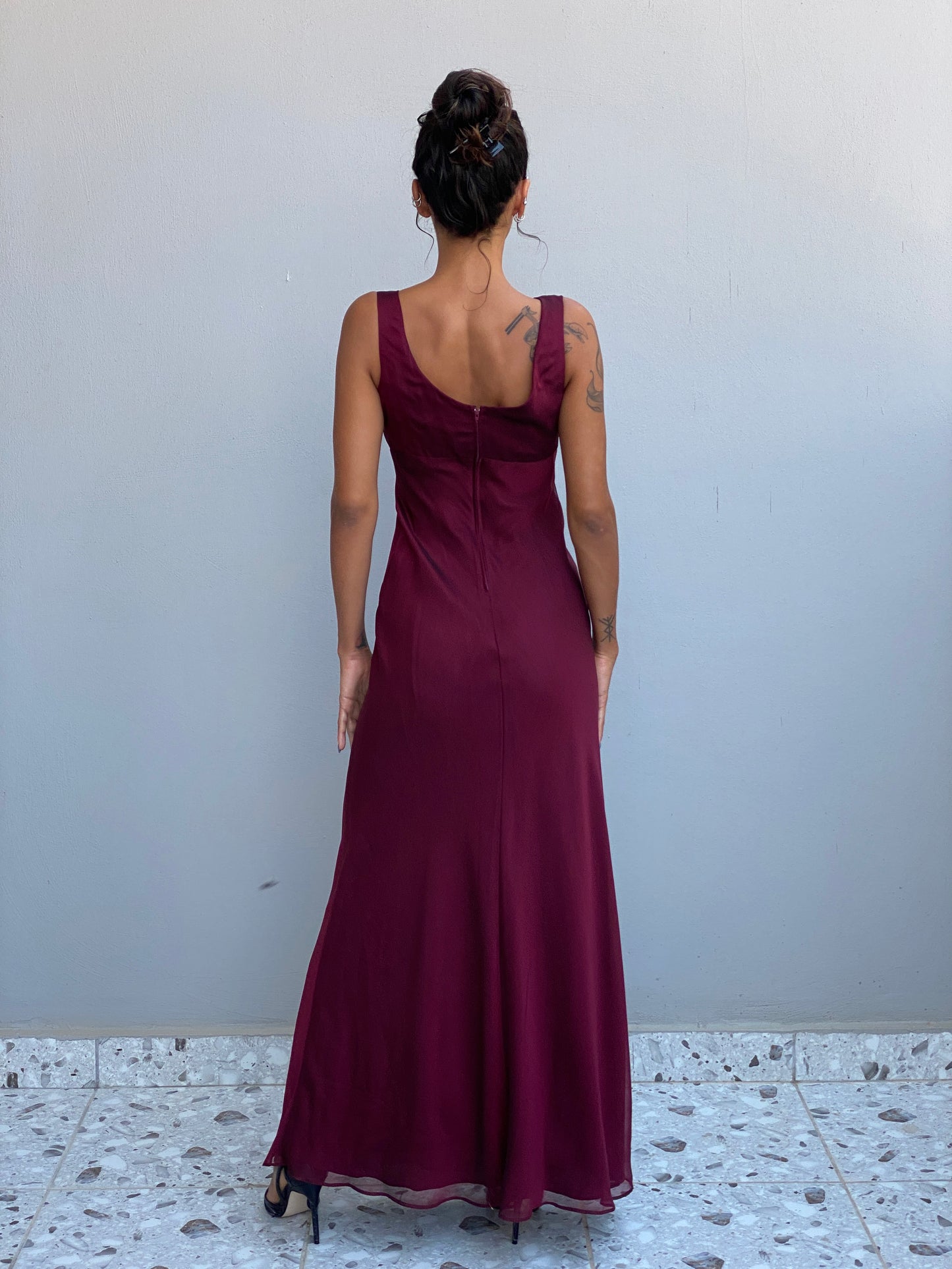 Vintage Y2K Betsy & Adam by Jaslene Burgundy Chiffon Cowl Neck Evening Gown - S