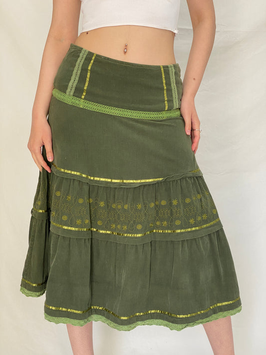 Vintage Y2K Jaune Rouge Paris Olive Green Corduroy Tiered Embroidered Midi Skirt - L