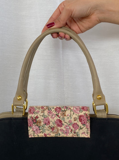 Black Canvas Beige Leather Handles Floral Closure Handbag