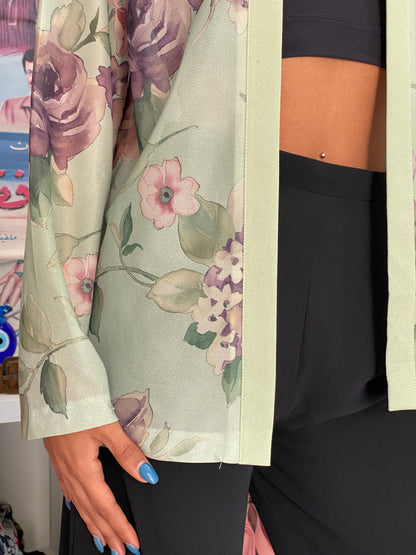 Vintage Y2K Sara Morgan Sage Green Floral  Cardigan Shirt – M
