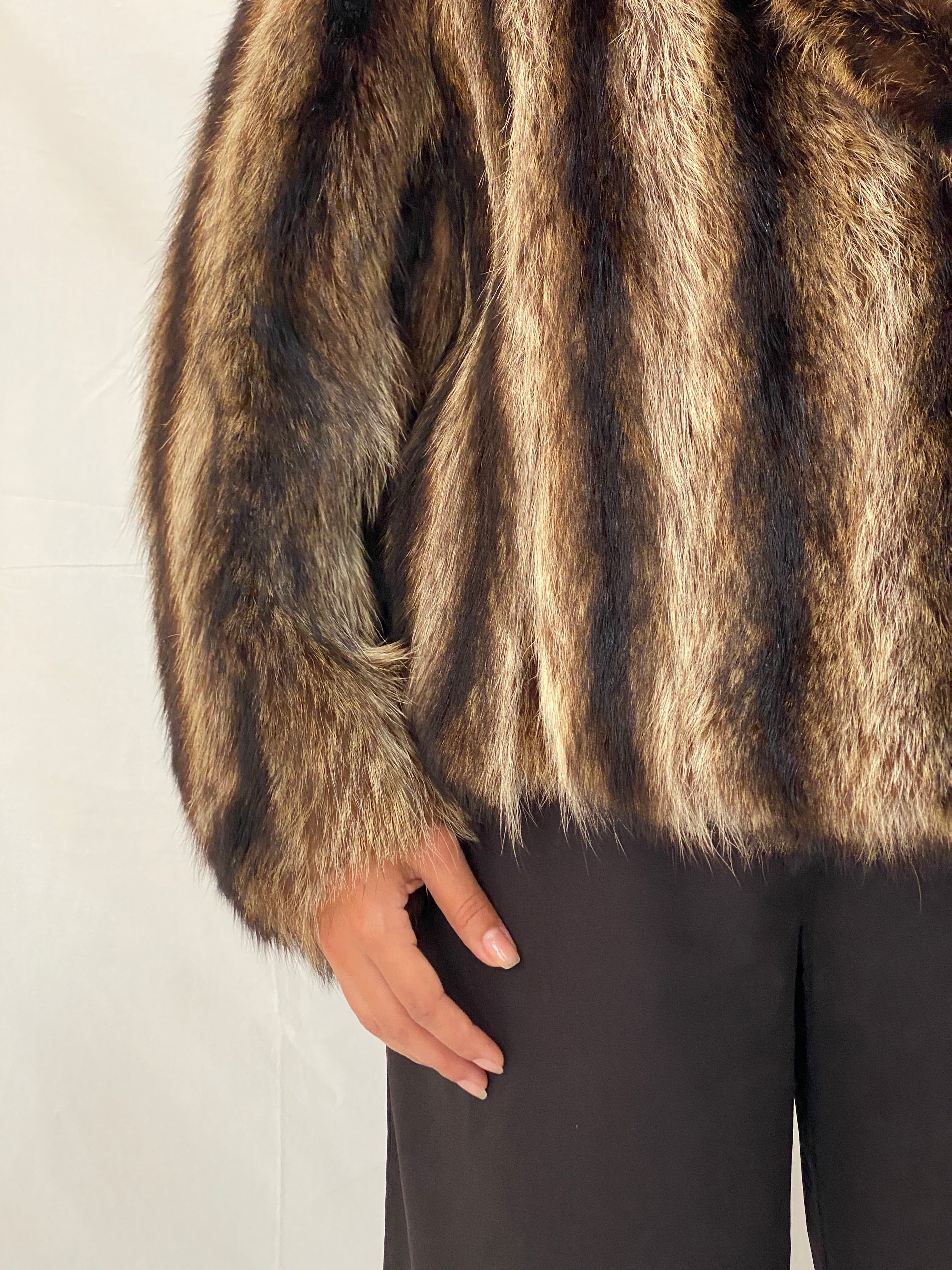 Vintage Striped Brown & Black Real Fur Coat - 70s Glam Winter Statement Jacket - M/L