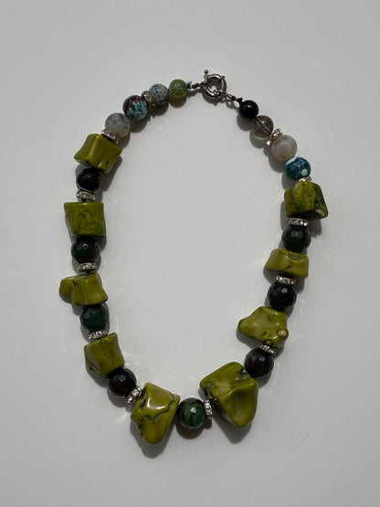 Vintage Natural Mixed Stone Statement Necklace Olive Jade, Onyx with Rhinestone Spacers
