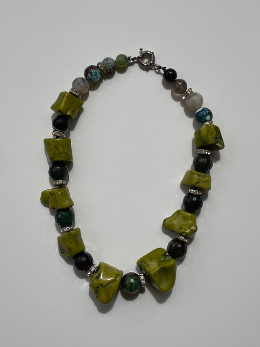 Vintage Natural Mixed Stone Statement Necklace Olive Jade, Onyx with Rhinestone Spacers