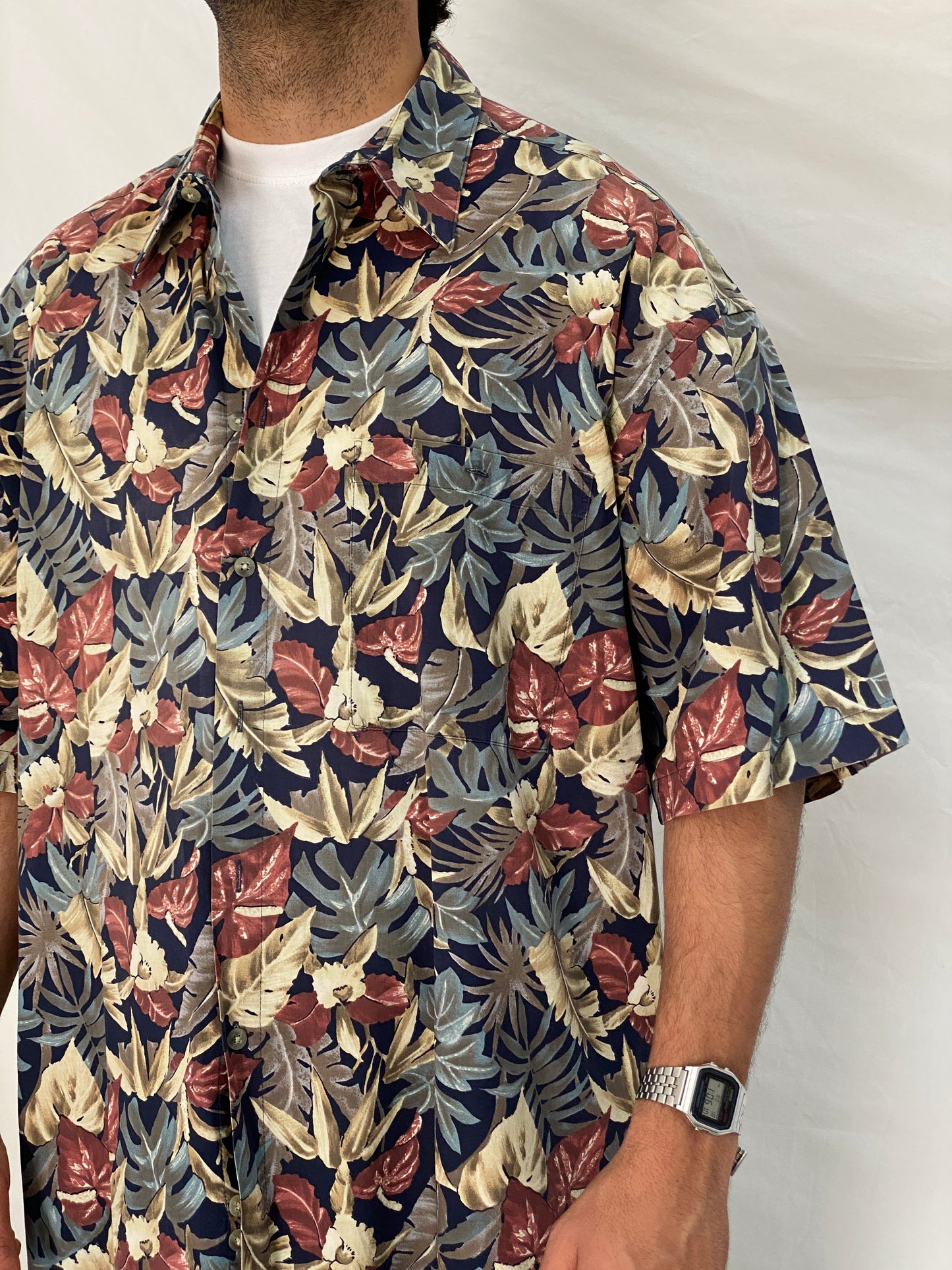 Vintage 90s Campia Moda Tropical Hawaiian Navy Floral Cotton Shirt - XL