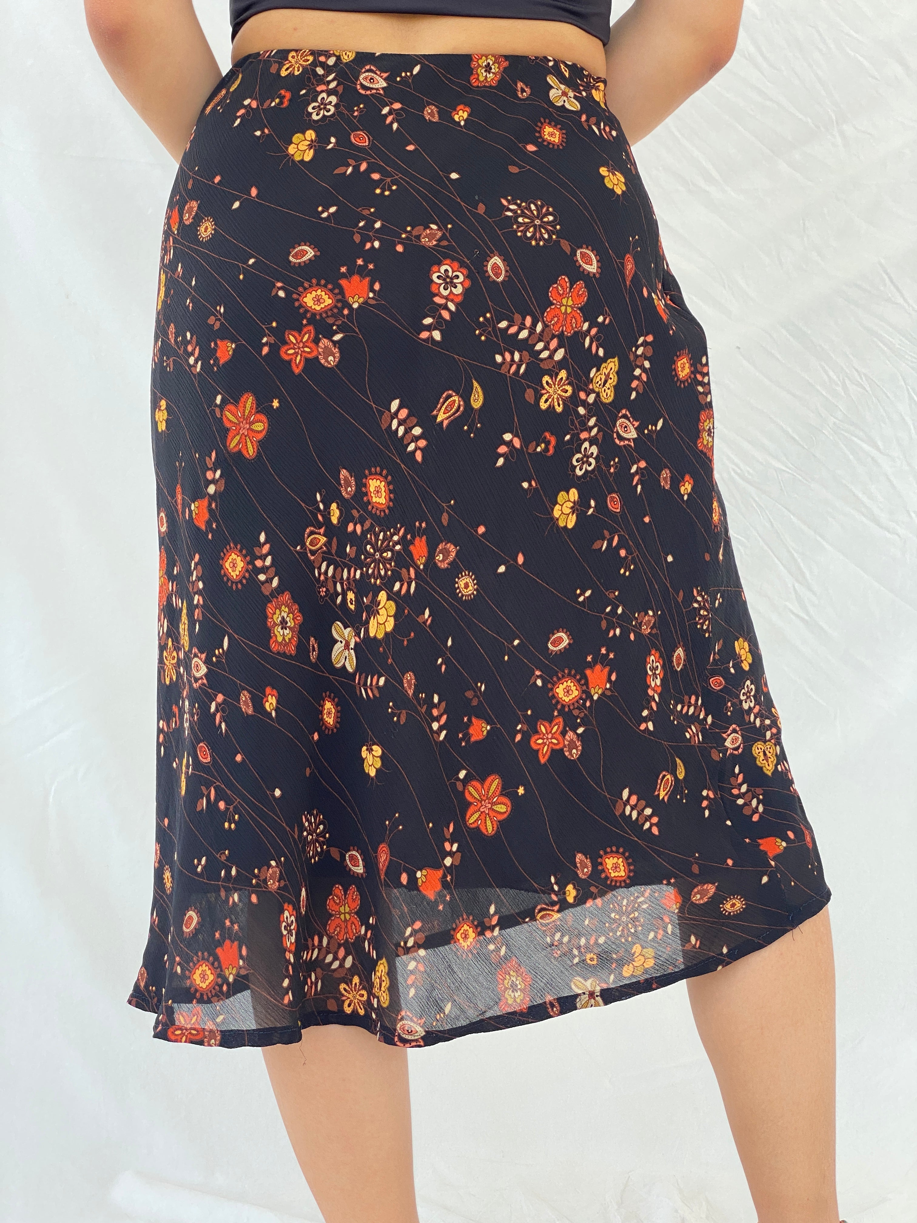 Vintage Handmade Floral Midi Elastic Waist Skirt - M