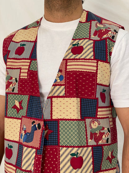 Vintage Handmade Patchwork Novelty Vest Red Folk Cotton Waistcoat – L