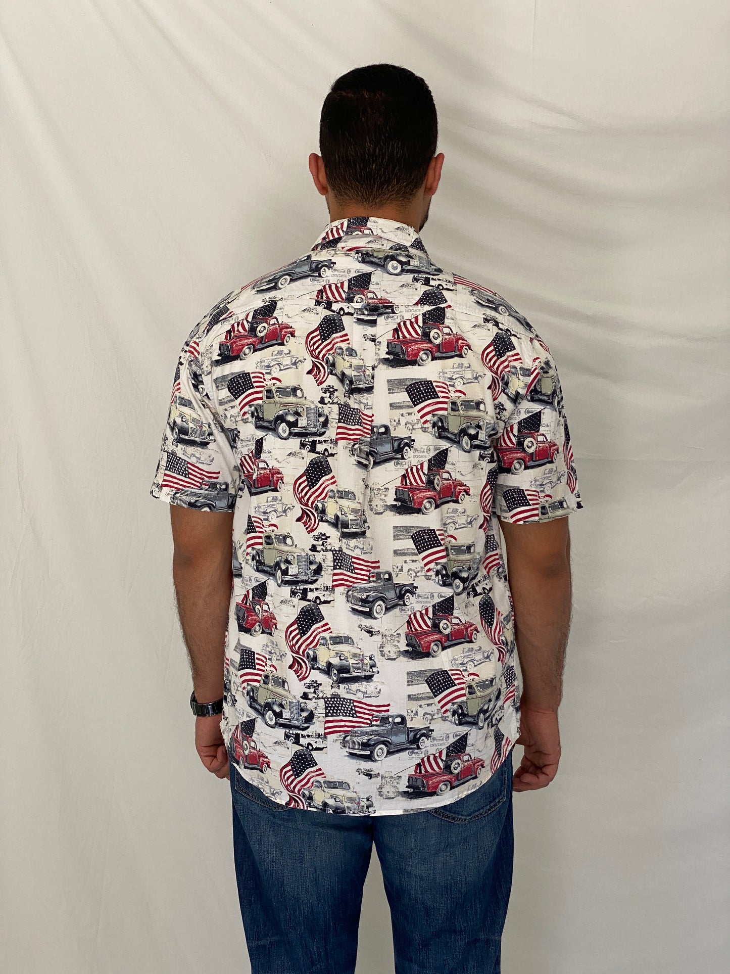Vintage Boca Classics Americana Classic Cars & USA Flag Print Cotton Button-Down Shirt - L