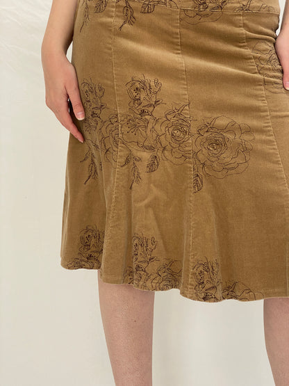 Vintage 00s Papaya Corduroy Floral Embroidered A-Line Skirt - M
