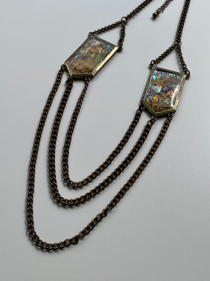 Vintage Y2K–Boho Abalone Shell & Antiqued Brass Triple Draped Chain Statement Necklace