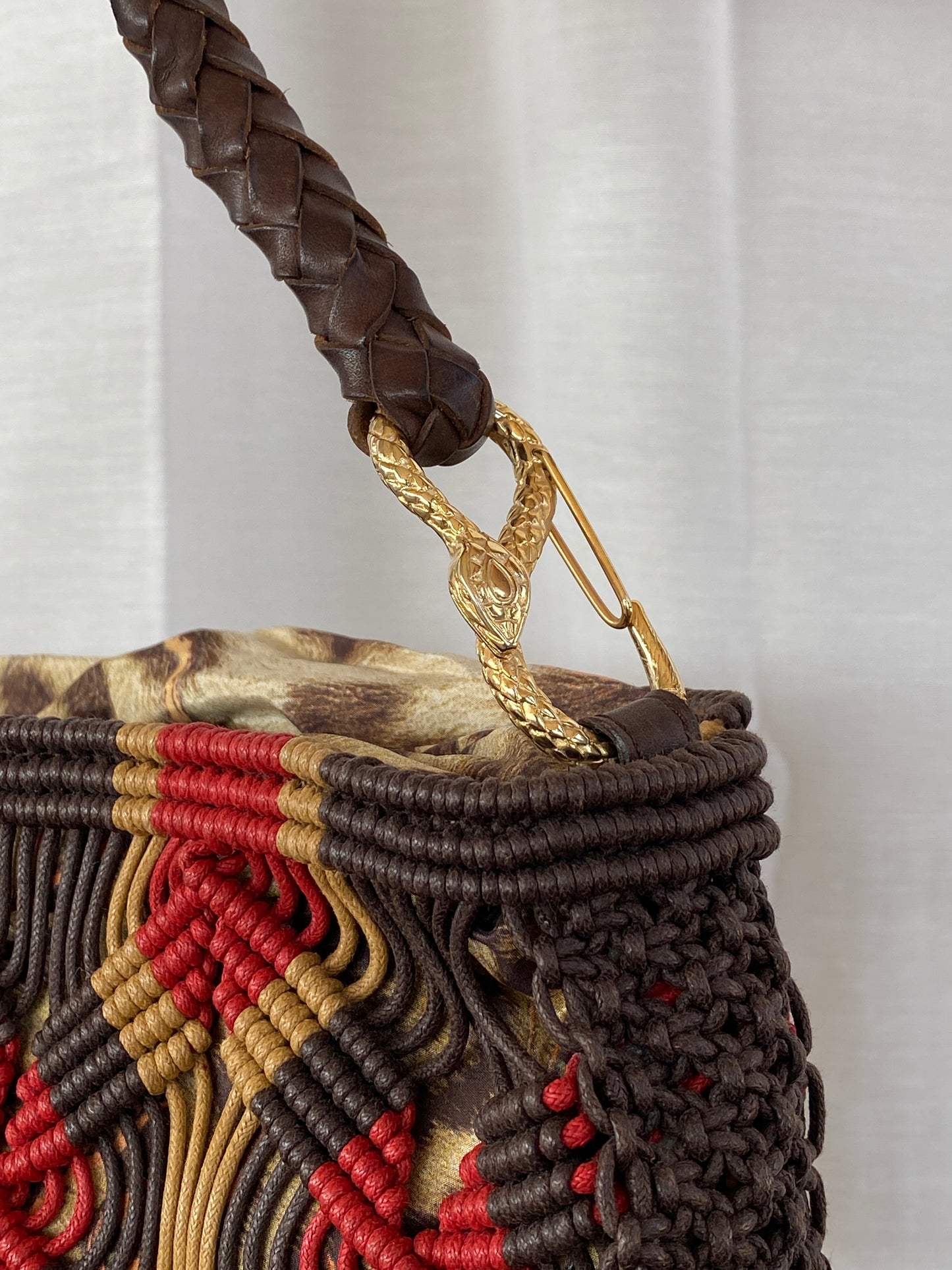 Early 00s Roberto Cavalli Macrame Cord Bag with Leopard Lining