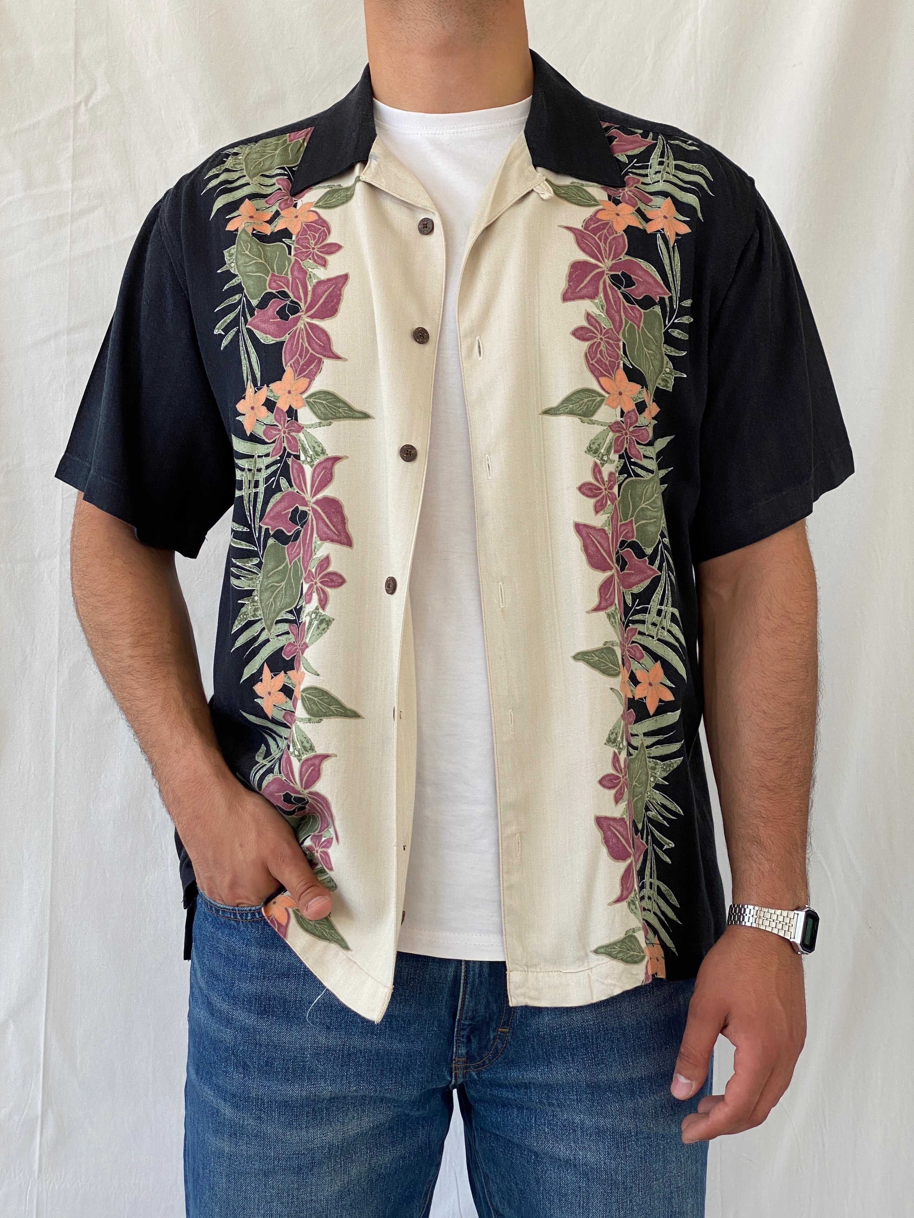 Vintage Red Macaw Black Floral Men’s Short Sleeve Hawaiian Rayon Beach Shirt - L