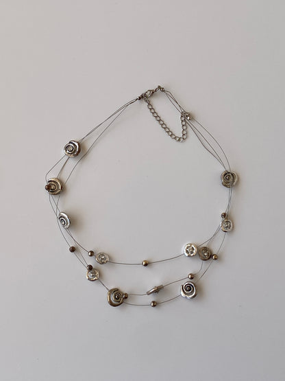 Vintage Y2K Silver Tone Spiral Rose Floating Bead Multi-Strand Wire Necklace