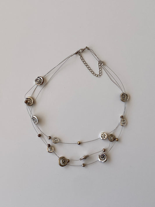 Vintage Y2K Silver Tone Spiral Rose Floating Bead Multi-Strand Wire Necklace