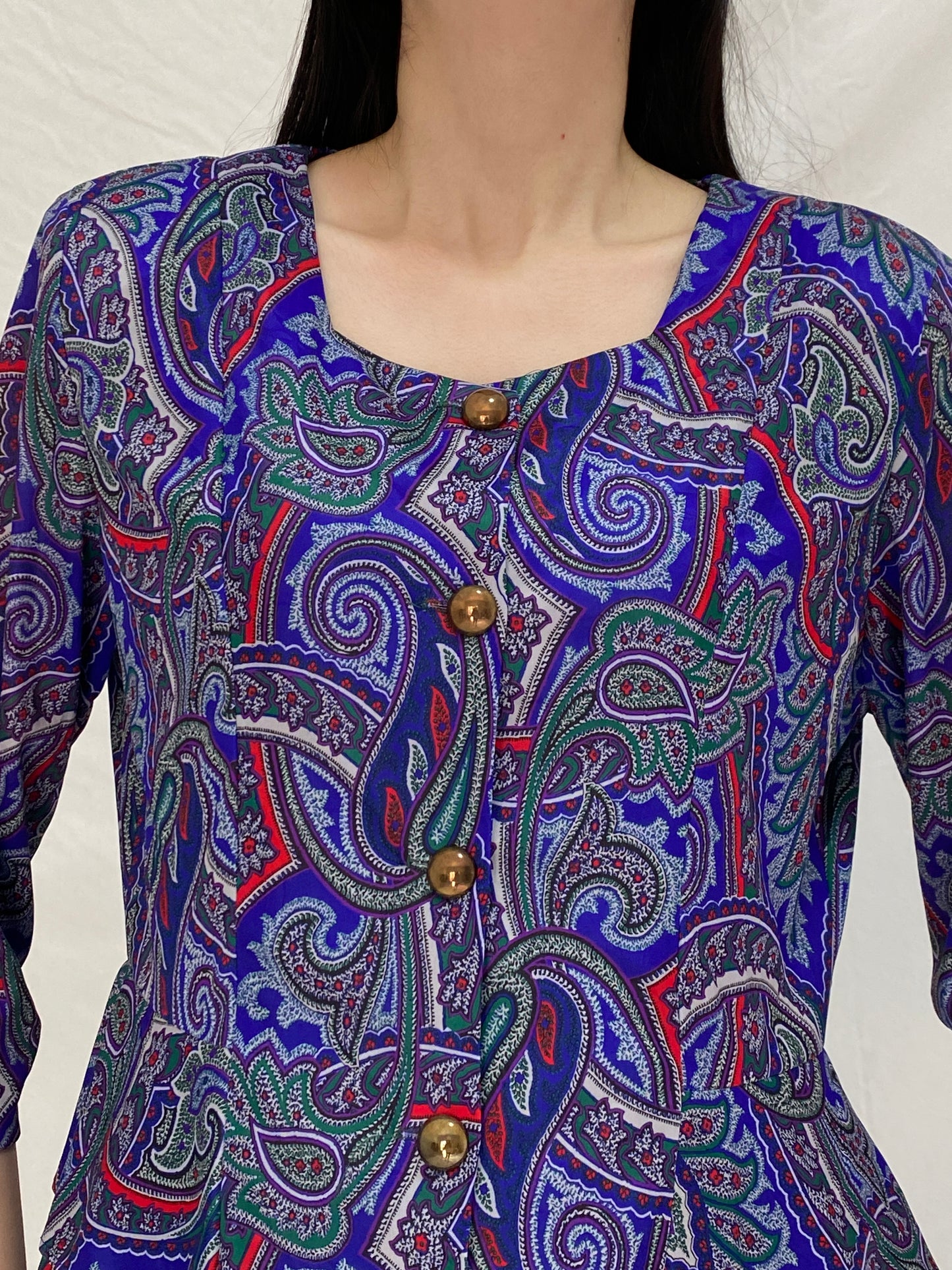 Vintage Amanda Blair Paisley Navy Peplum Satin Blouse Jewel Tone Print with Gold Buttons - L