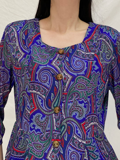 Vintage Amanda Blair Paisley Navy Peplum Satin Blouse Jewel Tone Print with Gold Buttons - L
