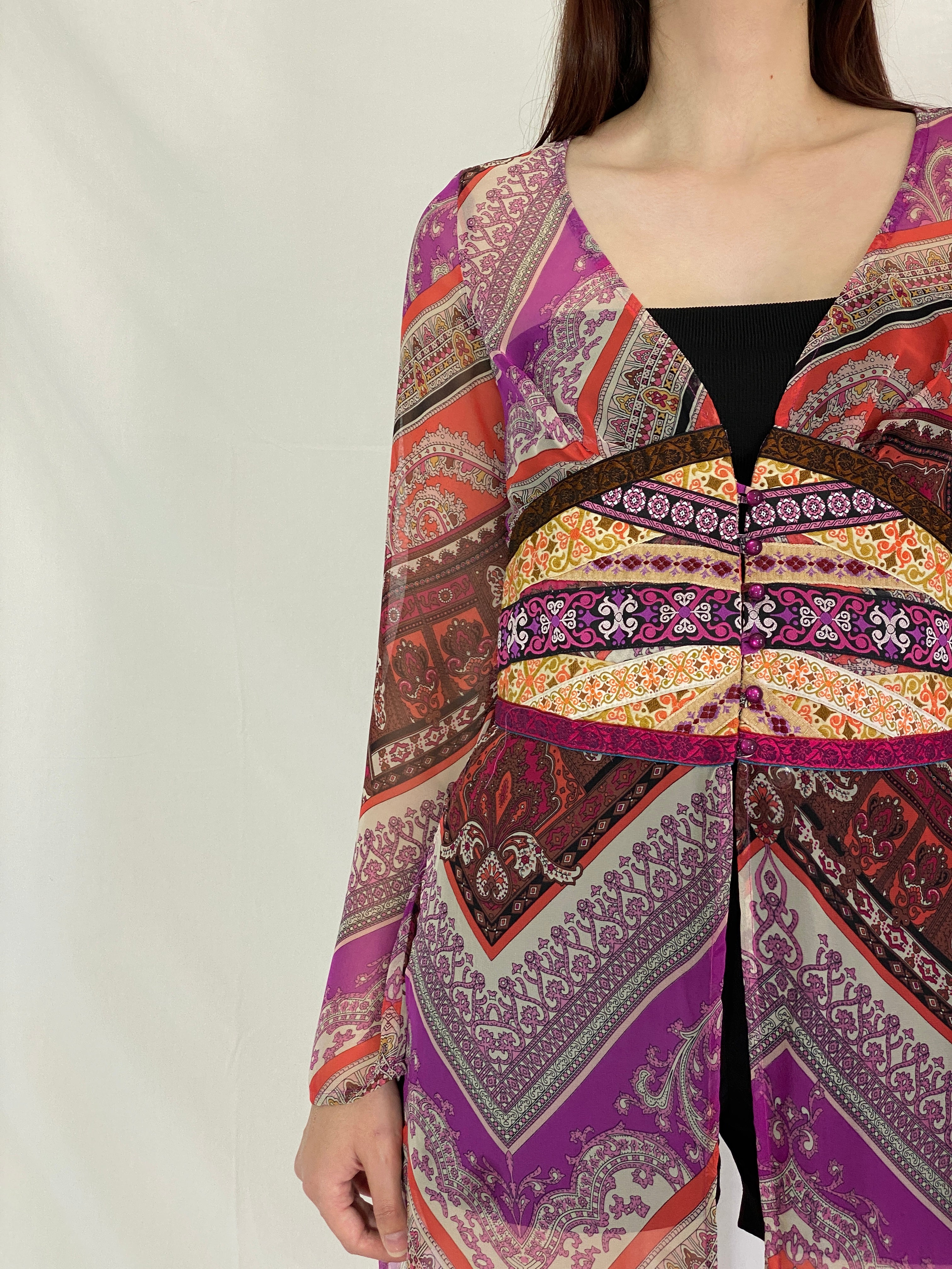 Vintage Mazzie Gold by Meghan Noland Boho Sheer Maxi Dress Top with Festival Print & Side Slits – M