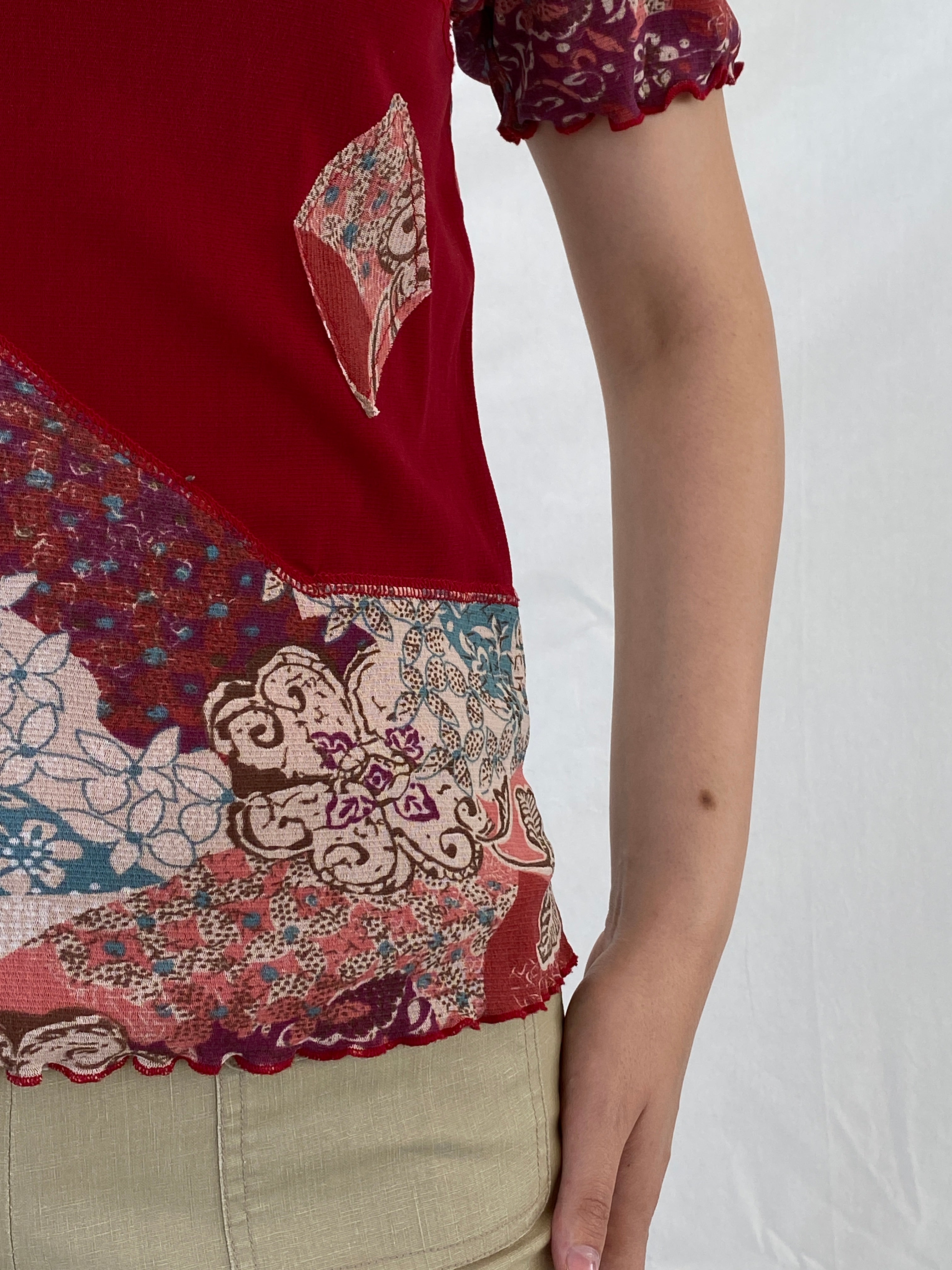 Y2K Daxon Red Patchwork Style Floral Short Sleeve Mesh Top - L