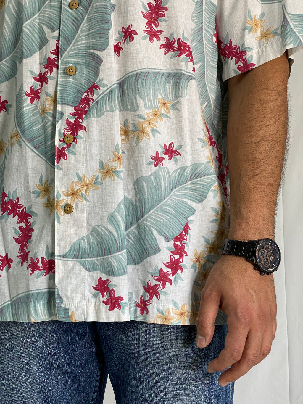 Vintage Batik Bay Reverse Print Cotton Hawaiian Shirt With Tropical Floral Design - XL