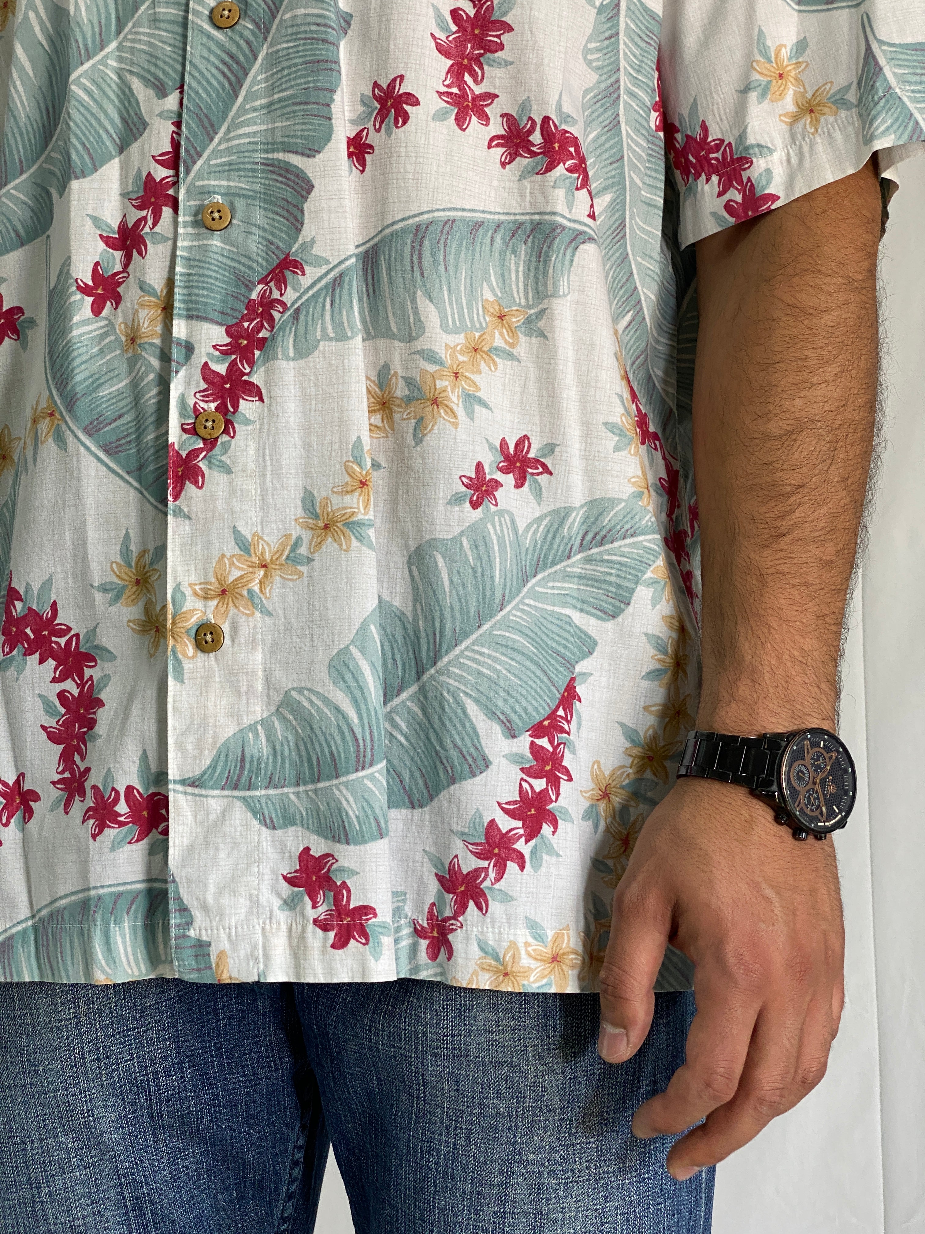 Vintage Batik Bay Reverse Print Cotton Hawaiian Shirt With Tropical Floral Design - XL