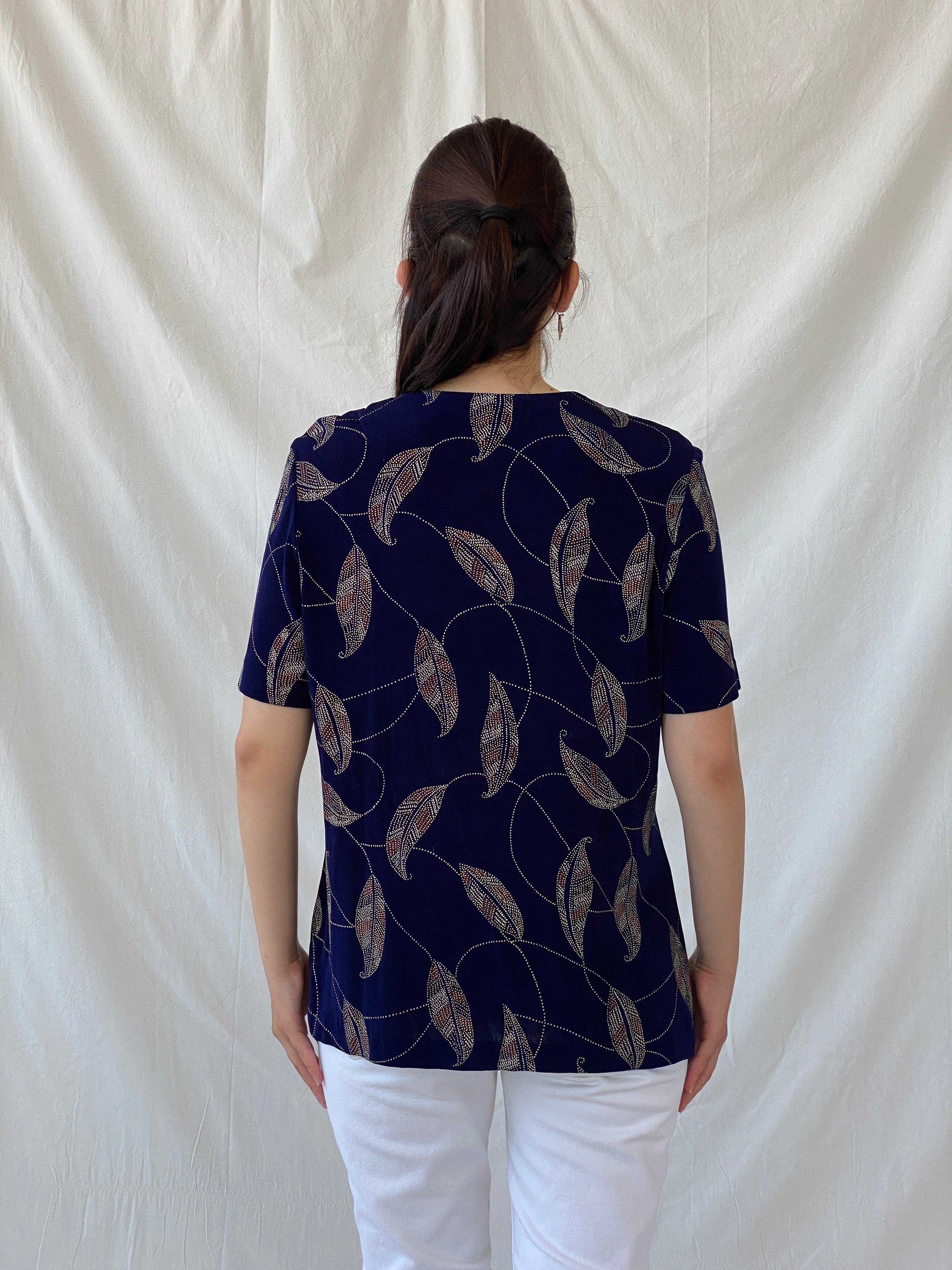 Vintage Navy Blue Gold Leaf Print Cardigan Blouse with Ornate Bronze Clasp Closures - L