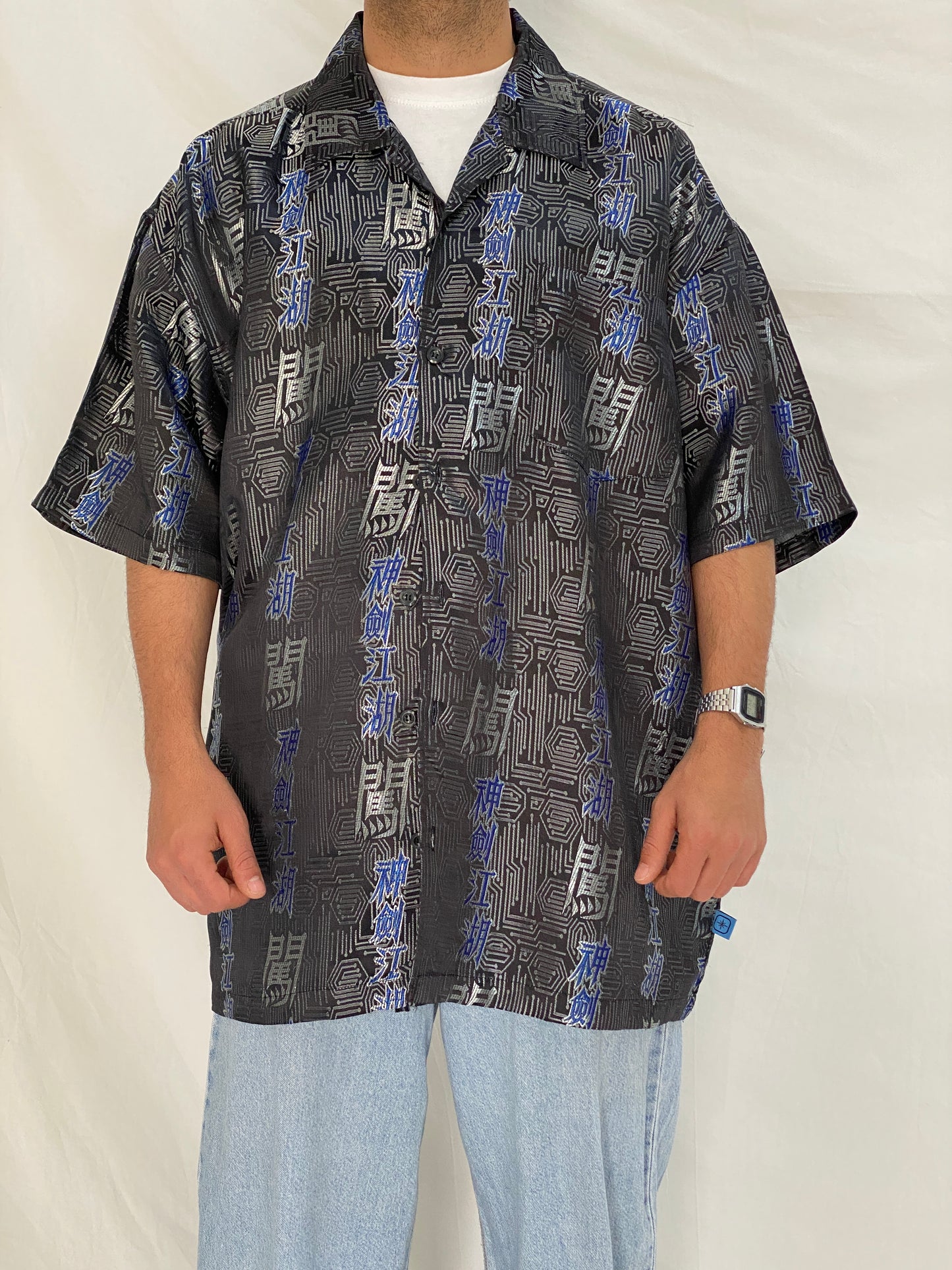 Vintage Y2K Kno Betta Blue Jeans Black & Blue Japanese Graphic Button Up Shirt - 2XL