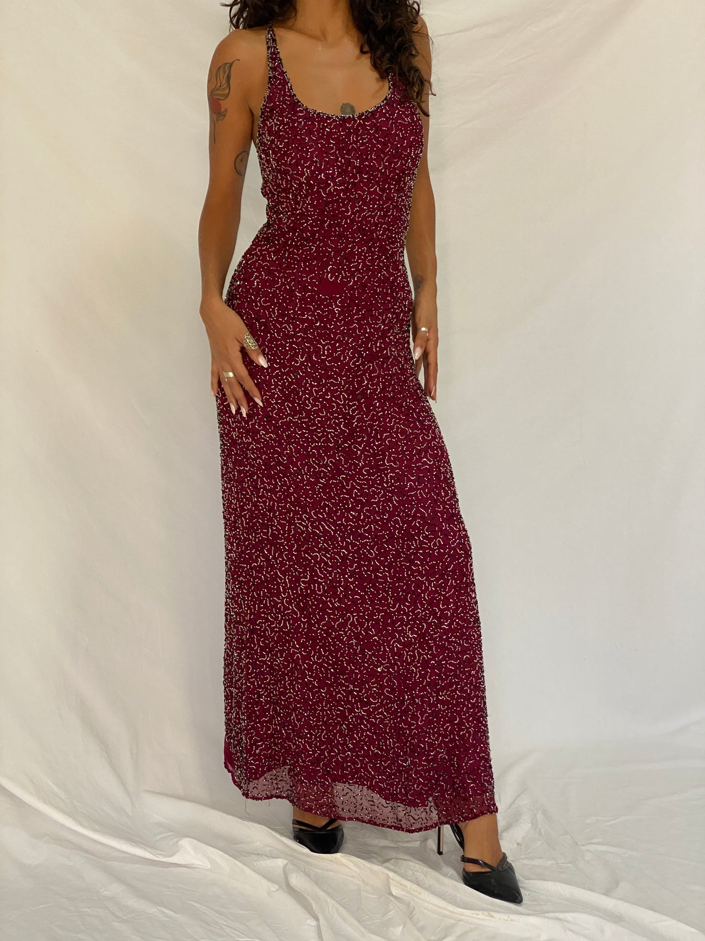 Vintage Romy Scala Burgundy 100% Silk Beaded Cross-Back Maxi Dress – M