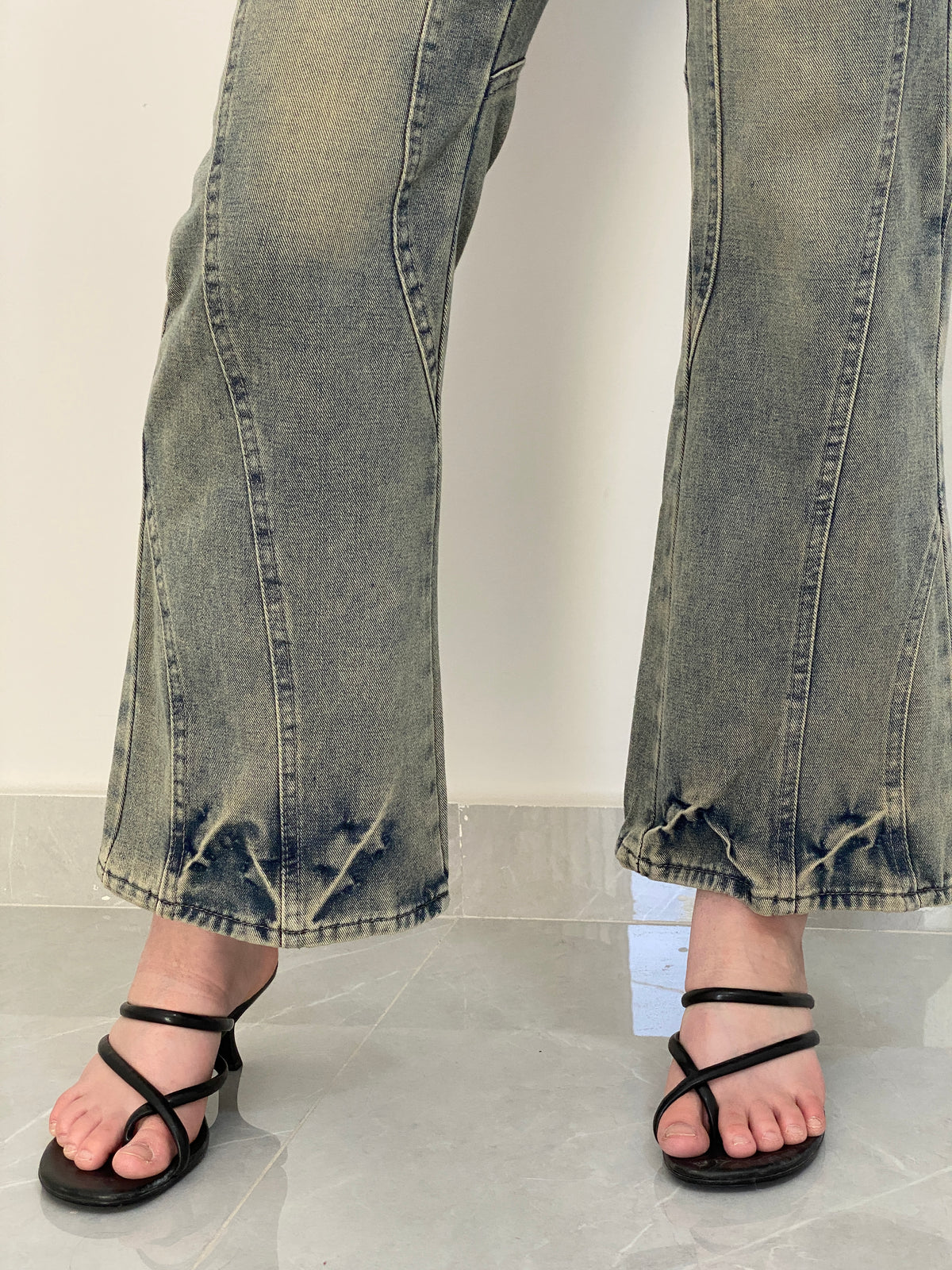 Vintage Y2K Washed Blue Denim Panelled Flare Jeans - 38EUR