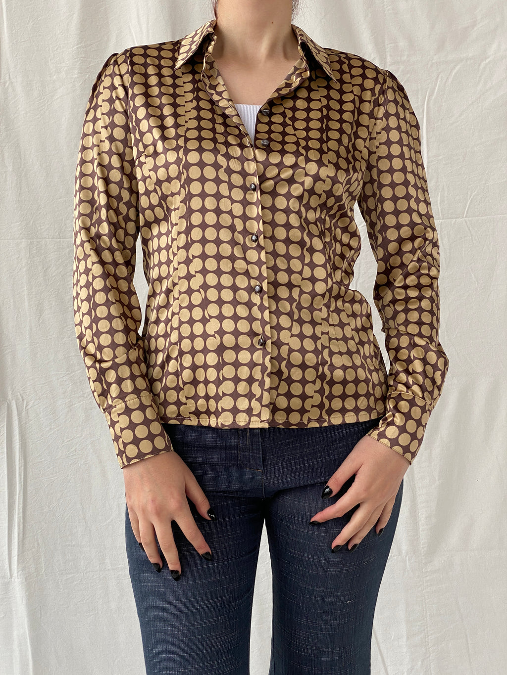Beautiful Apart Brown Beige Polka Dot Buttoned Long Sleeve Women’s Shirt - S