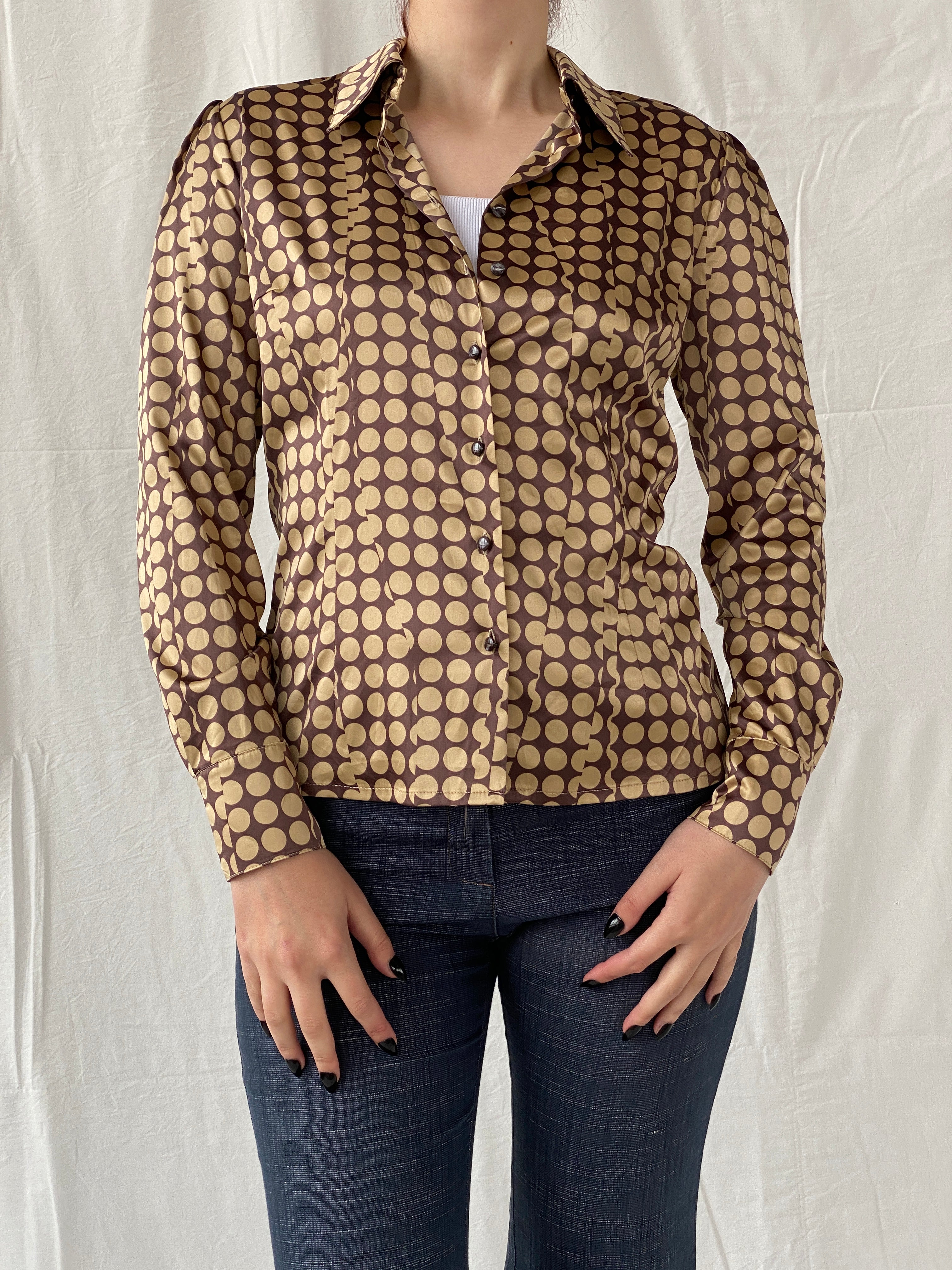 Beautiful Apart Brown Beige Polka Dot Buttoned Long Sleeve Women’s Shirt - S