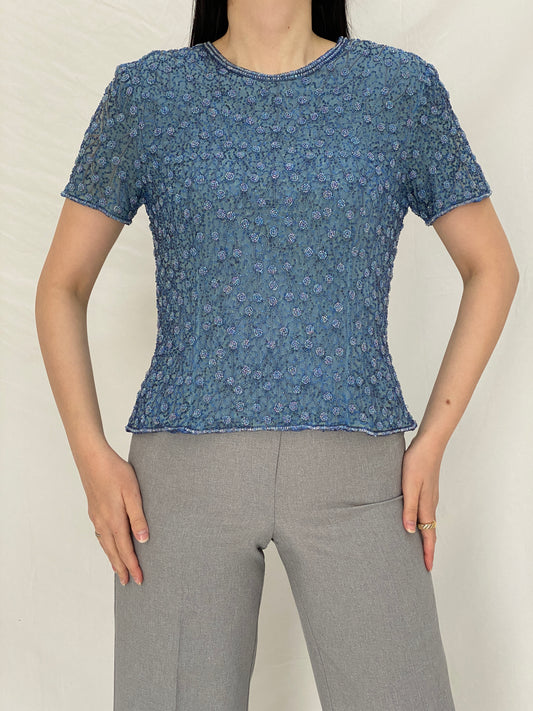 Vintage 90s Adrianna Papell Blue Silk Beaded Evening Top - M