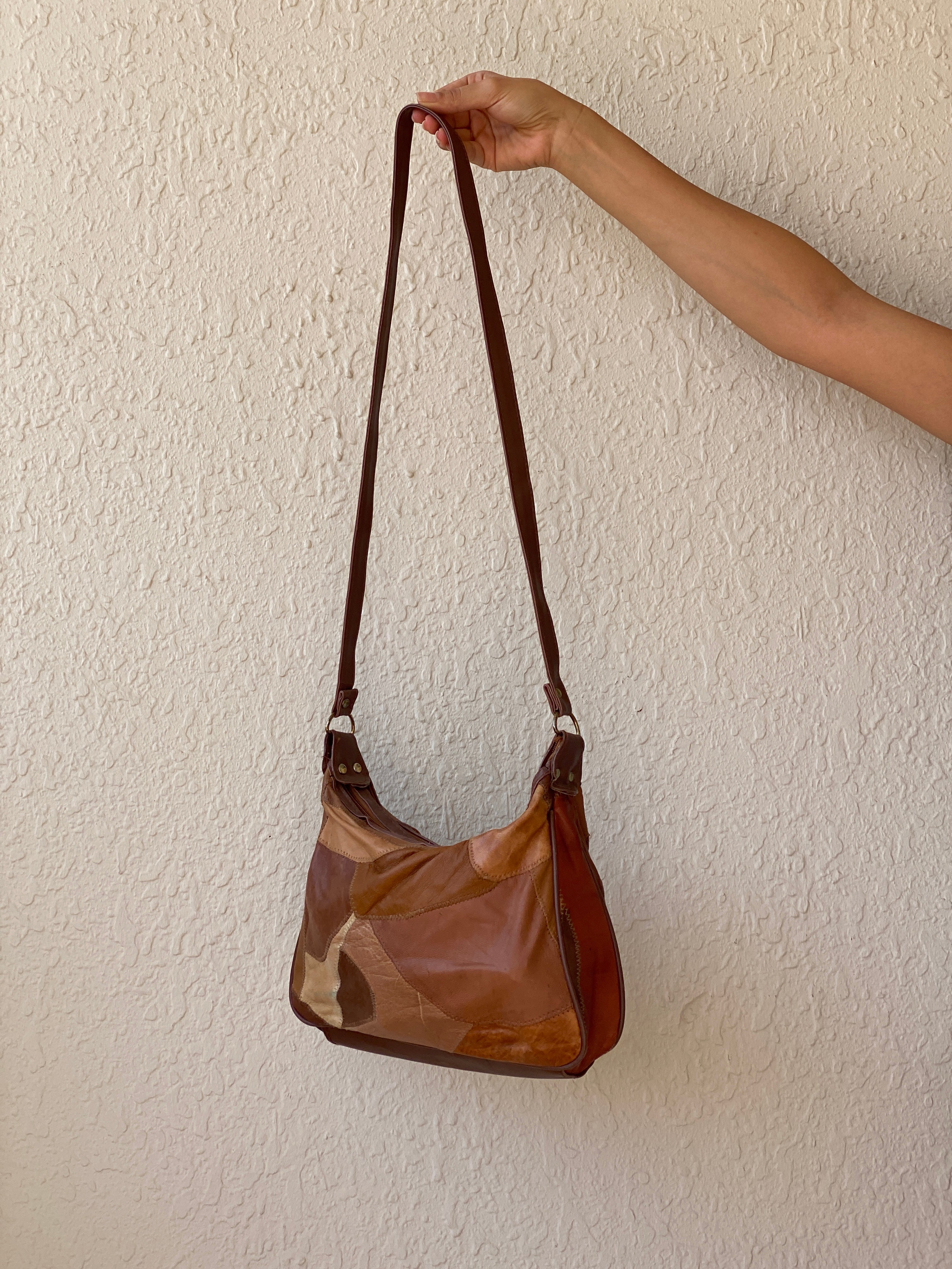 Vintage Brown & Tan Leather Purse Patchwork Crossbody Bag