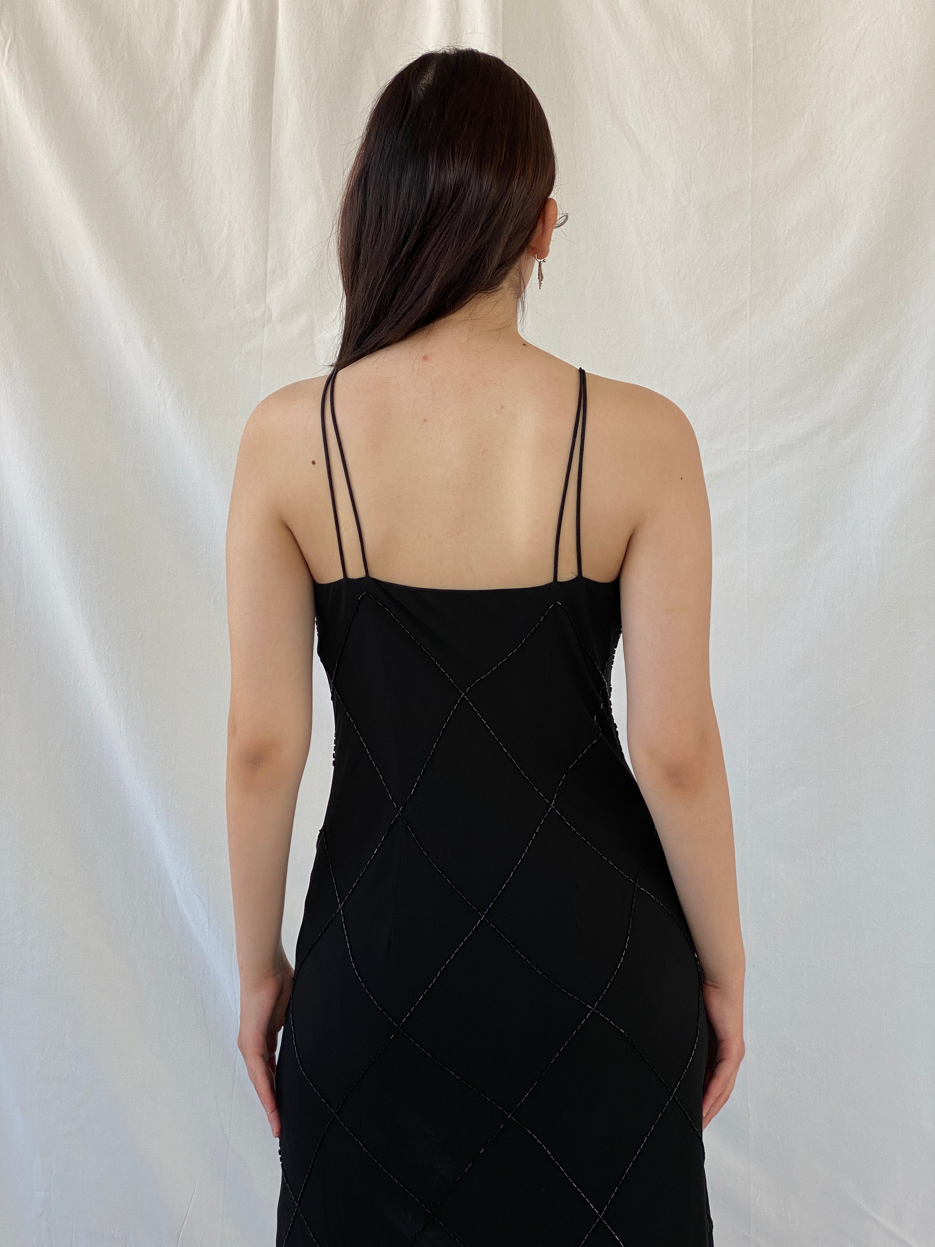 Vintage Jones New York Black Beaded Evening Gown 90s Formal Slip Dress - M