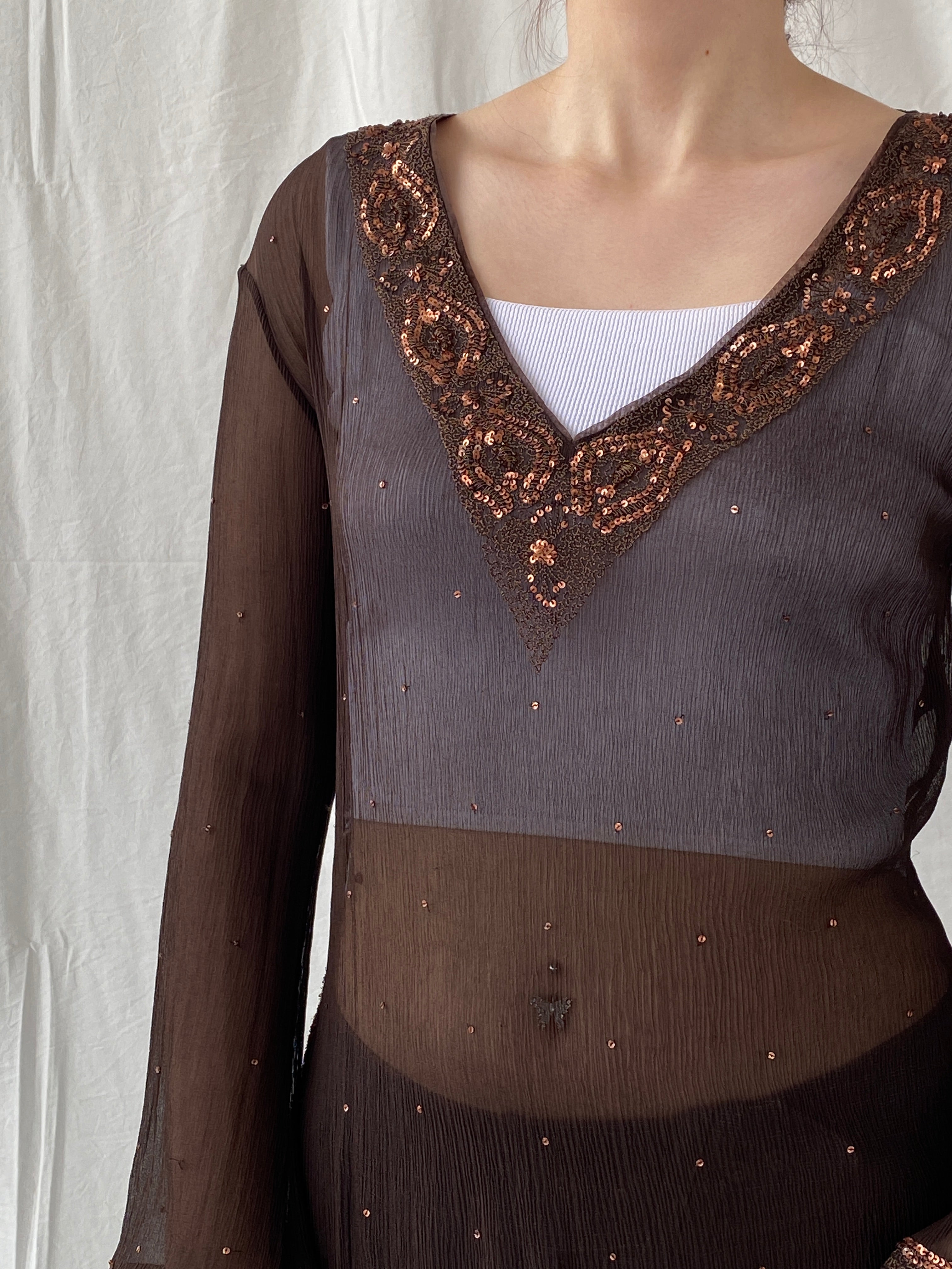 Subtle Luxury Autograph by Marks & Spencer Brown Sheer Silk Sequin Tunic Top Blouse - L