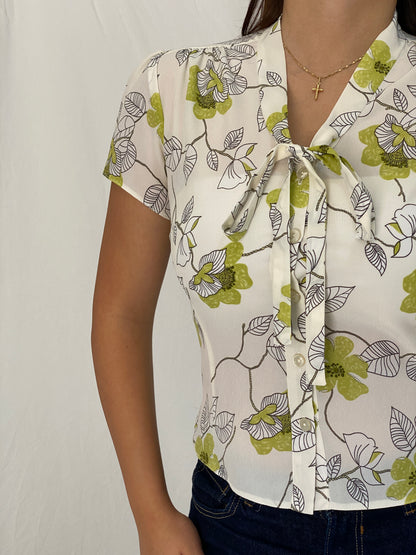 Vintage 1990s Roman Originals Ivory & Lime Green Floral Tie-Neck Blouse  - M