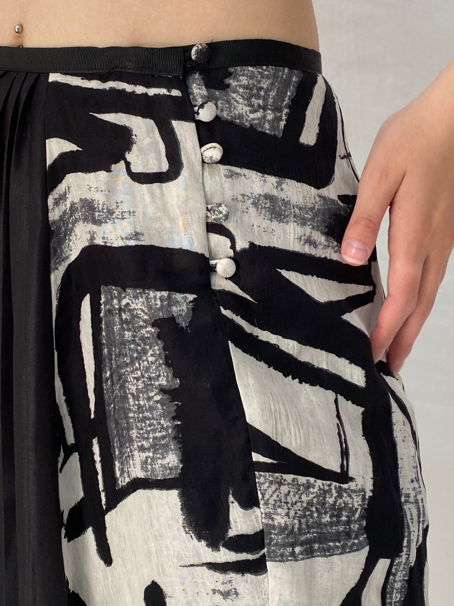 MNG Limited Edition Abstract Silk Cotton Blend Black & White Artsy Midi Skirt – S