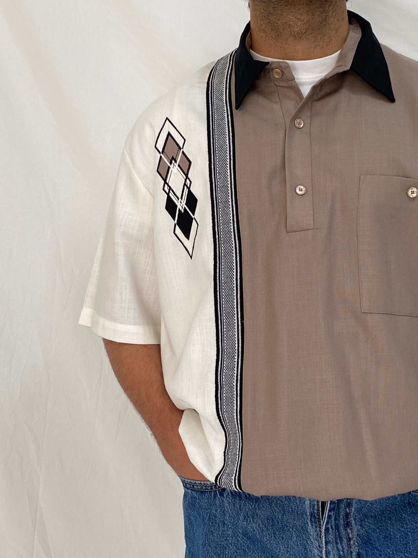 Vintage 90s Alan Stuart Color Block Bowling Shirt Beige Cream Retro Cuban Top - L