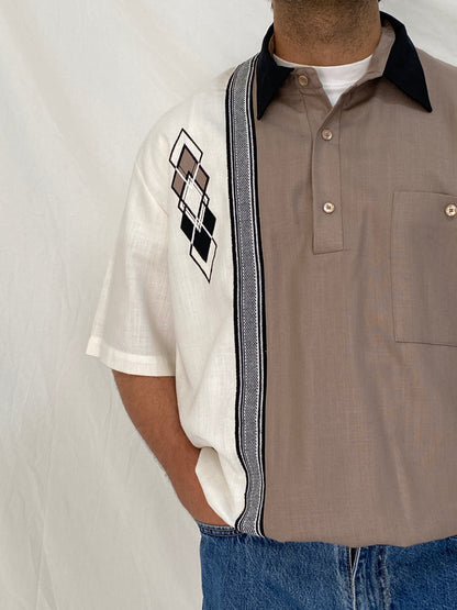 Vintage 90s Alan Stuart Color Block Bowling Shirt Beige Cream Retro Cuban Top - L