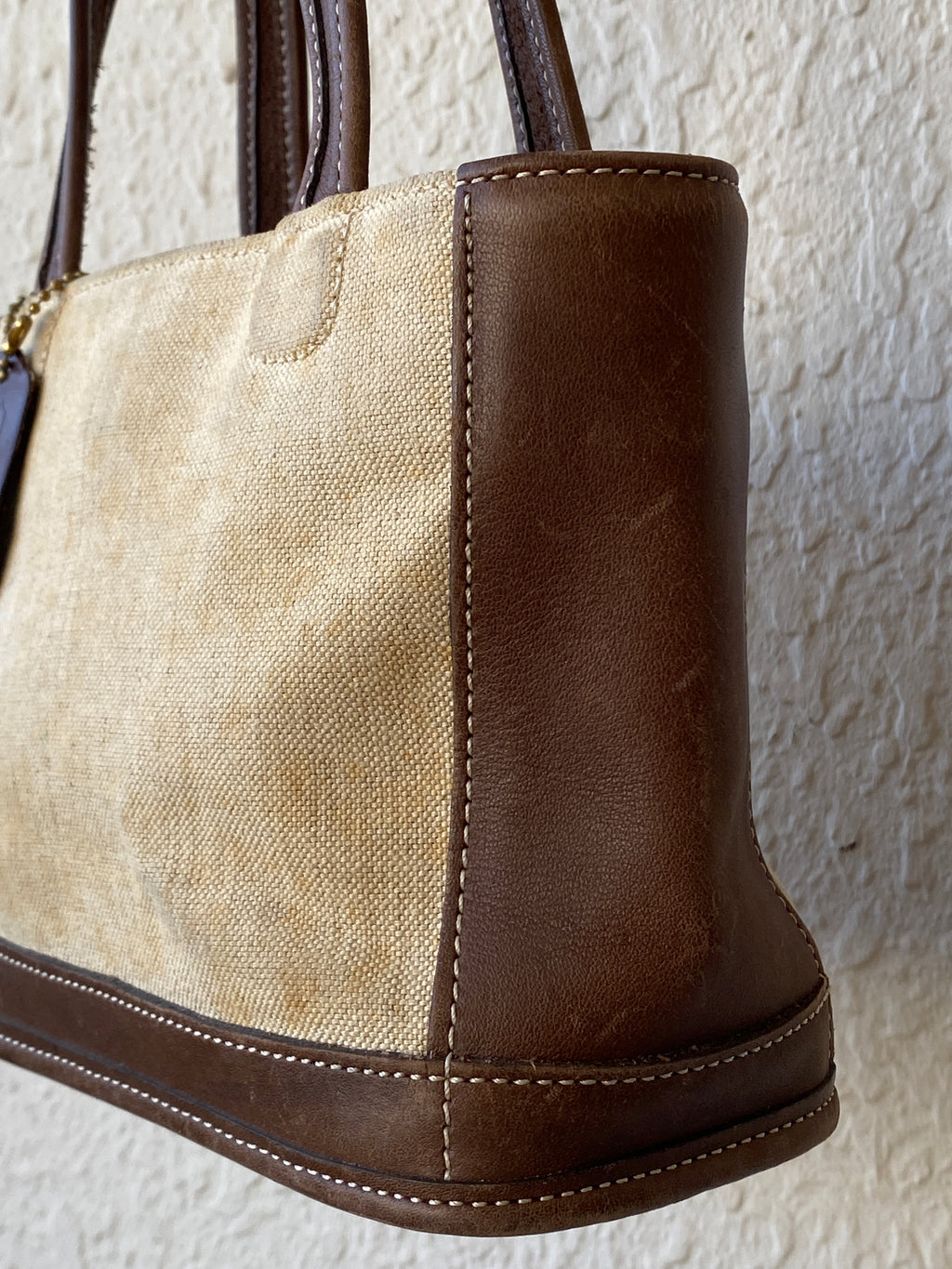 Rare Vintage Coach B9C-6120 Tan Canvas & Brown Leather Small Tote Handbag 90s Mini Satchel Purse