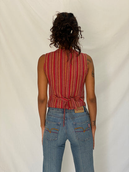 Vintage Y2K Petite Sophisticate Red Metallic Striped Cotton Blend Waistcoat Vest - S