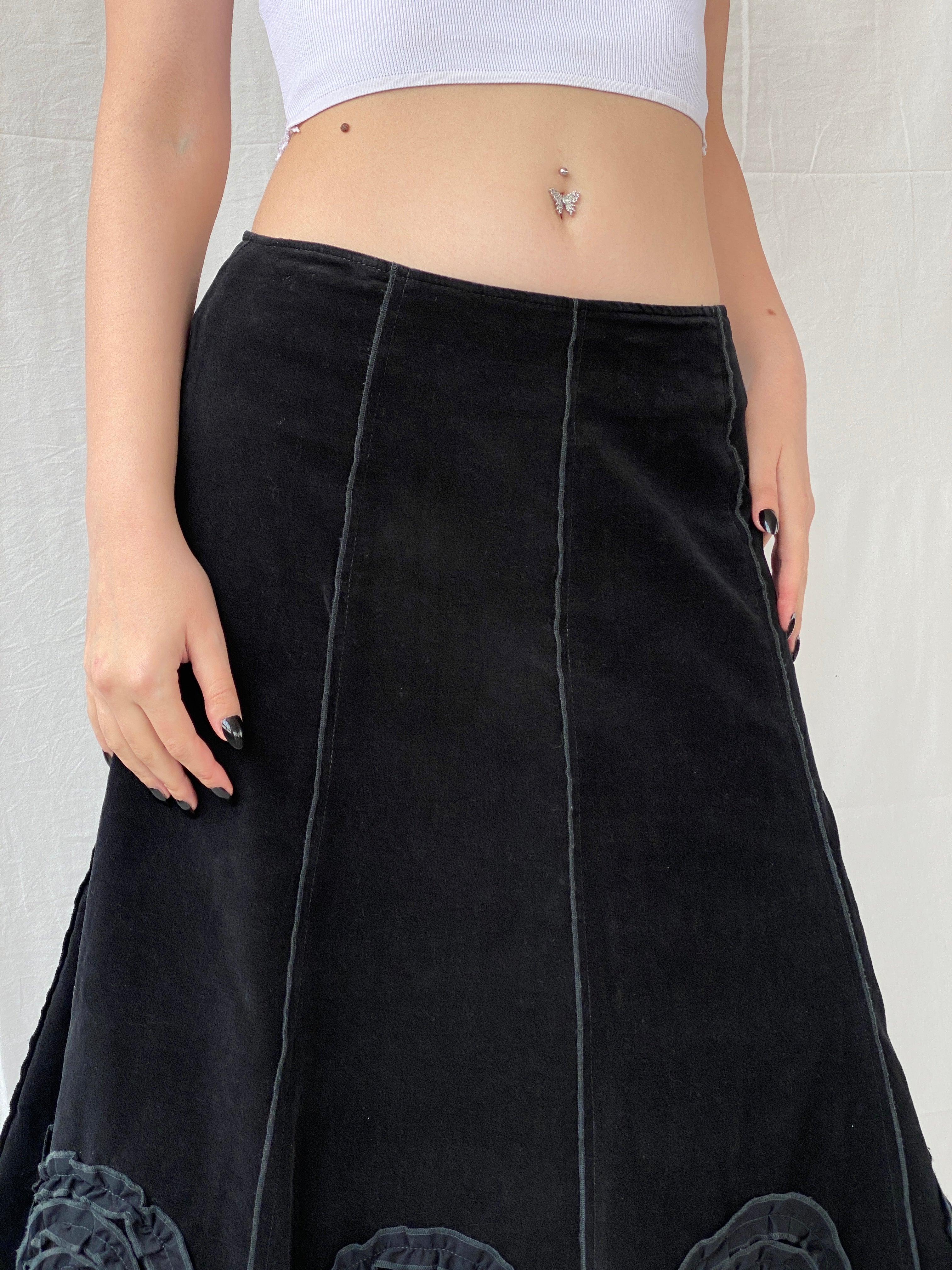 Vintage 90s Tence Black Grunge Spiral Details Midi Velvet A-Line Skirt - M