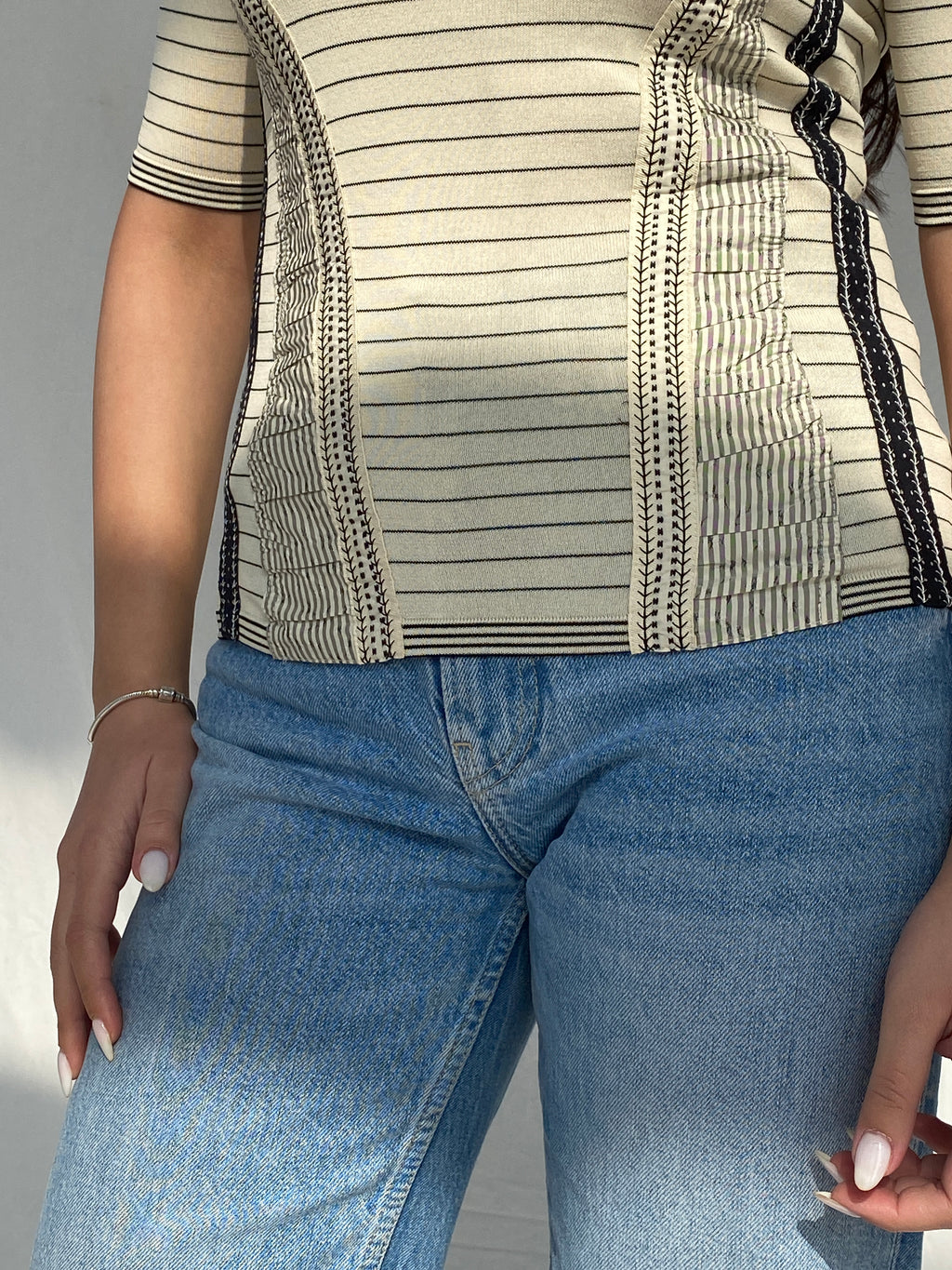 Vintage Beige Striped Women’s Top with Ruched Panels & Contrast Stitching - S