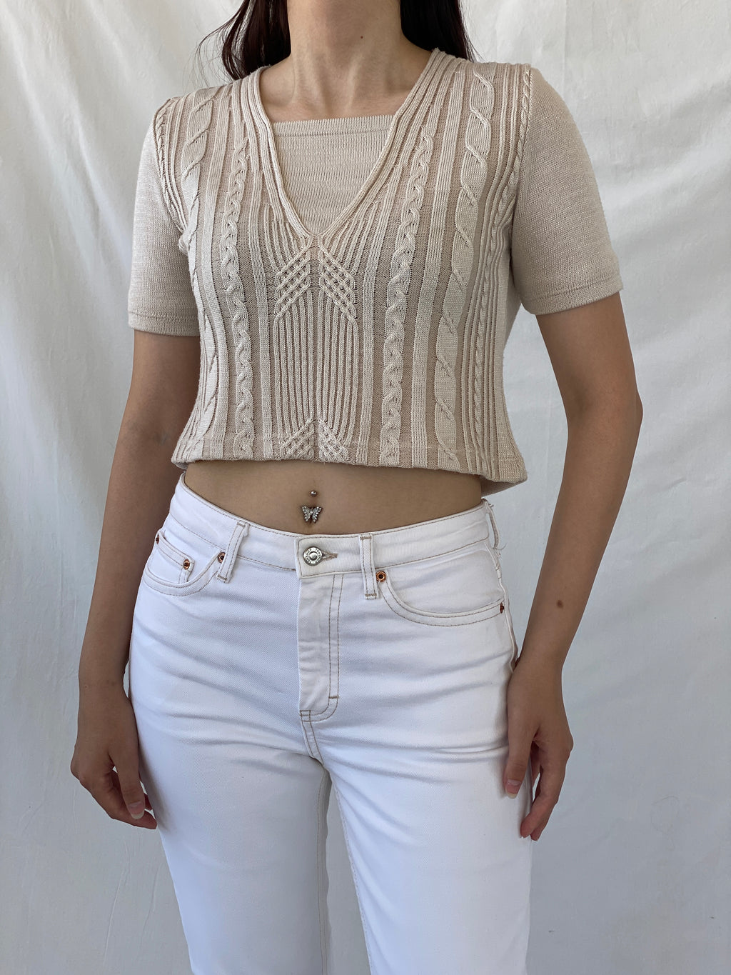 Casual Everyday Beige Knitted Short Sleeve Crop Top - M